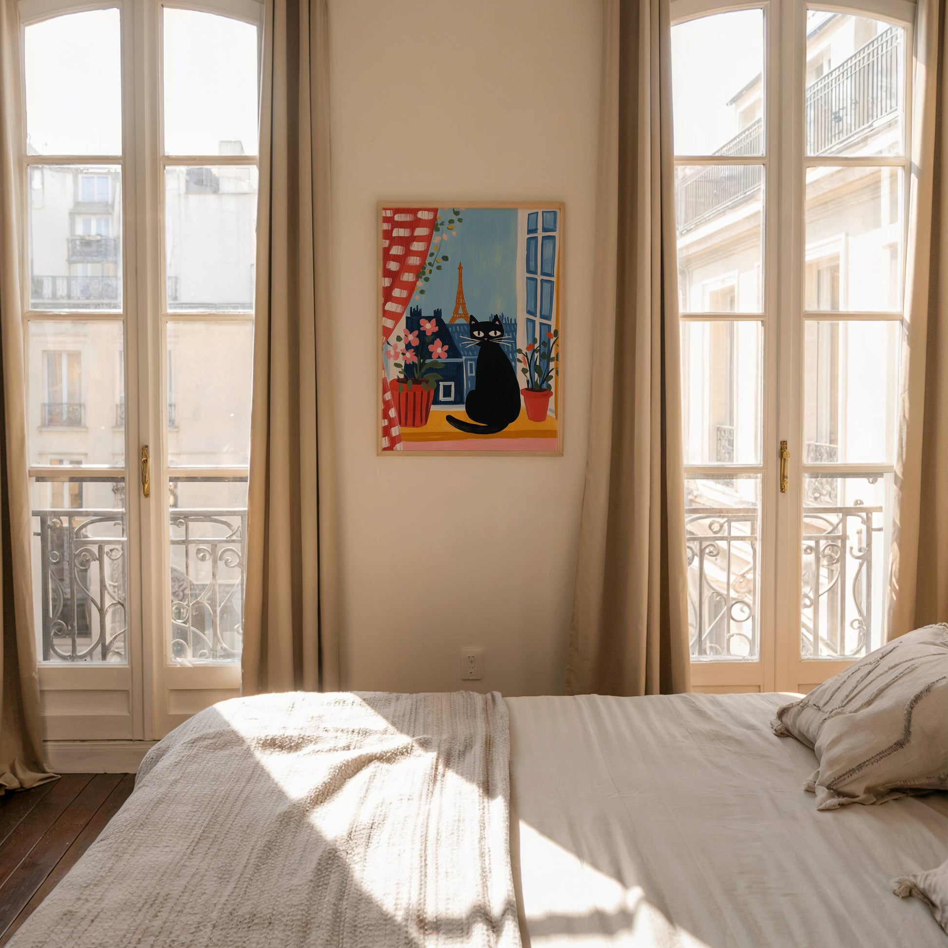 Affiche Chat noir à Paris - Illustration fenêtre Tour Eiffel -  Idée cadeau amoureux des chats