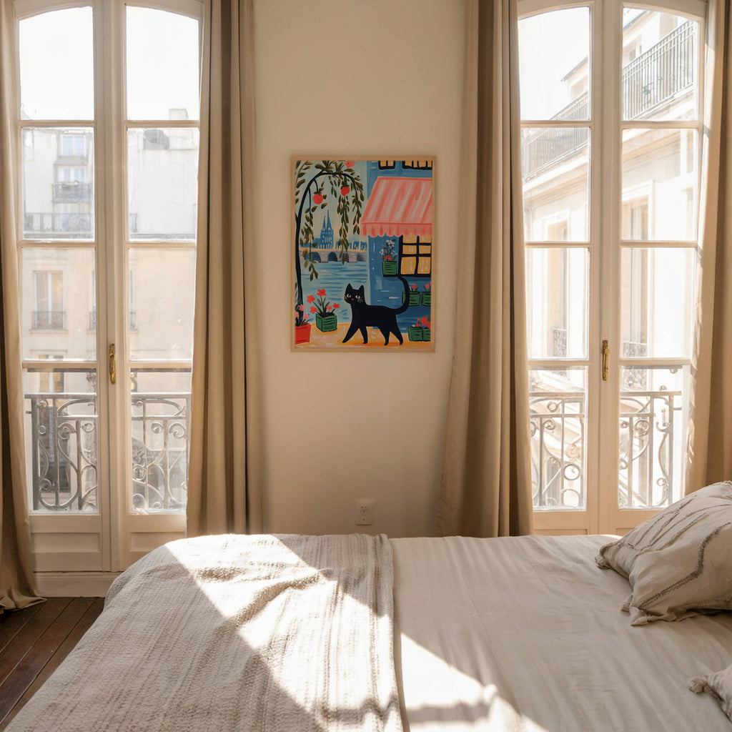 Illustration Chat noir à Paris - Idée cadeau amoureux des chats - Art Naïf fenêtre et fleurs