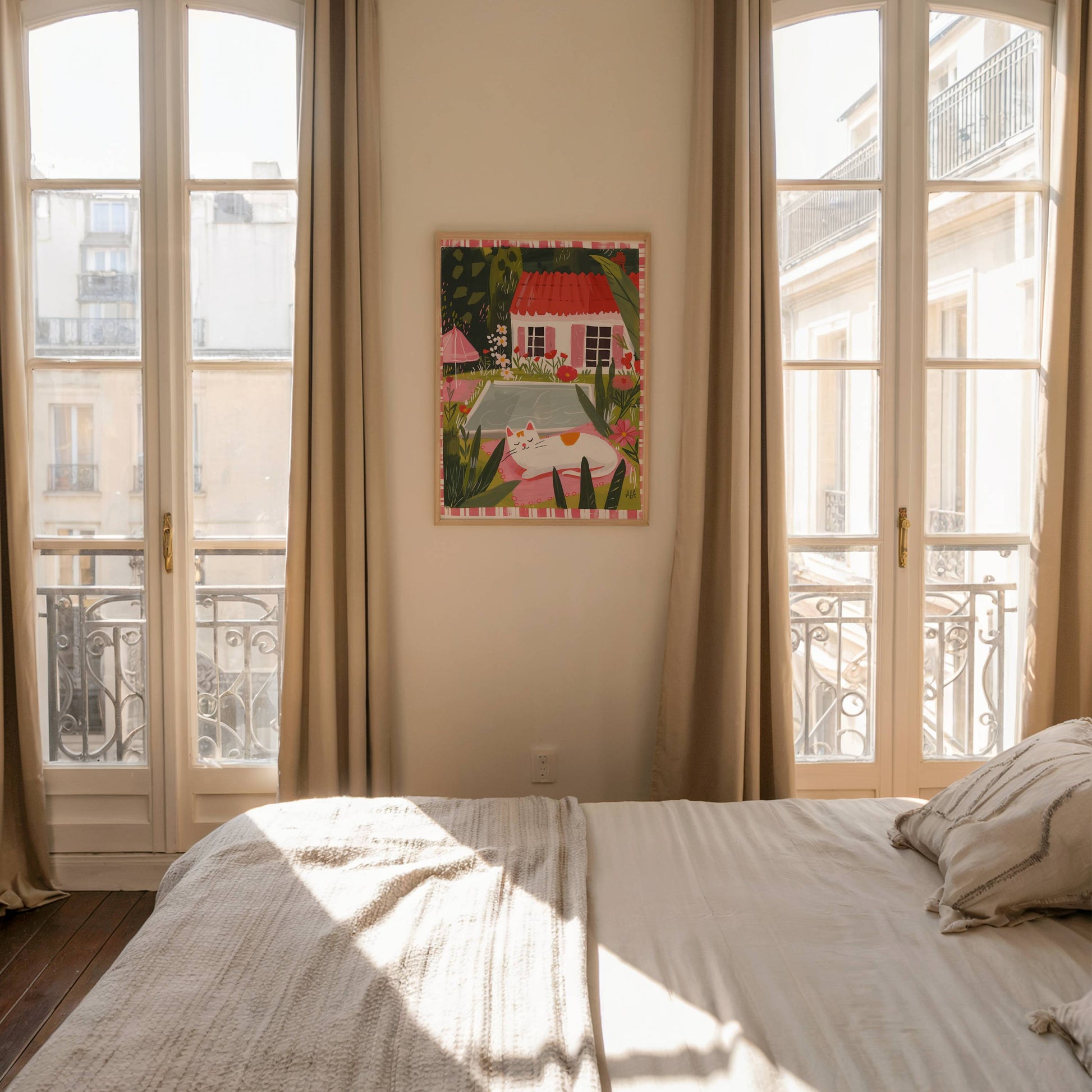 Illustration chat blanc piscine jardin – Chat endormi cottagecore – déco murale chaleureuse été, idée cadeau amoureux des chats blancs
