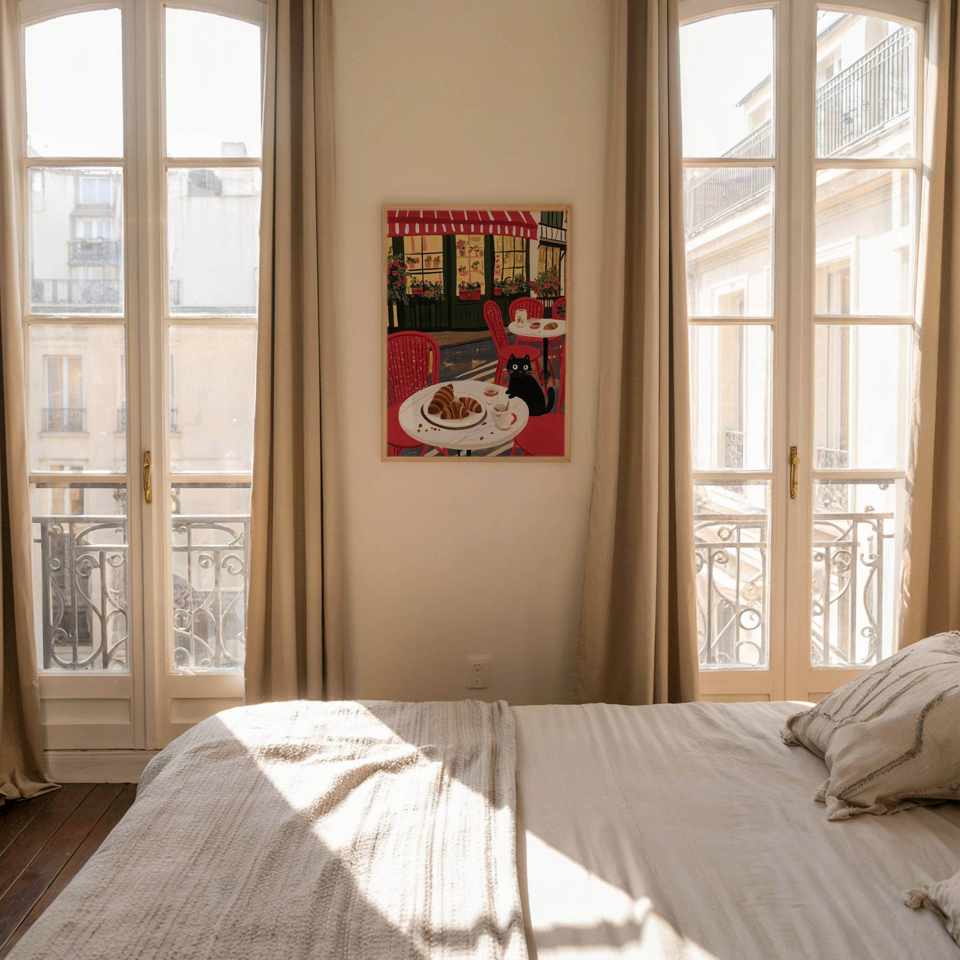 Affiche Chat noir café Paris - Illustration terrasse Parisienne croissants - Idée cadeau Amoureux des Chats