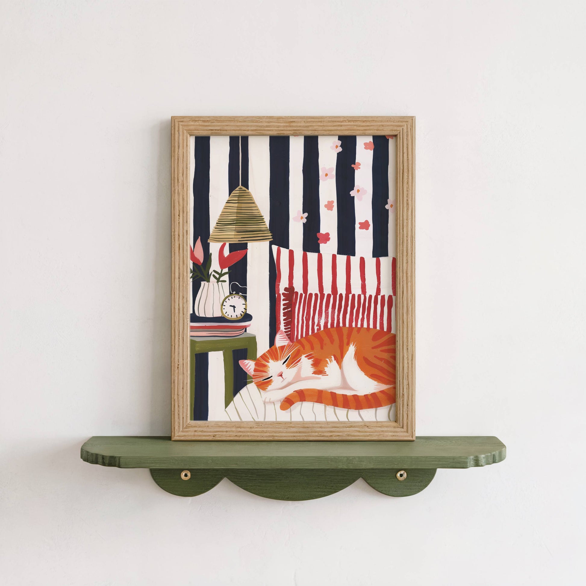 Illustration chat roux sieste | affiche chambre cosy rétro | cadeau amoureux des chats | décoration intérieure cottagecore