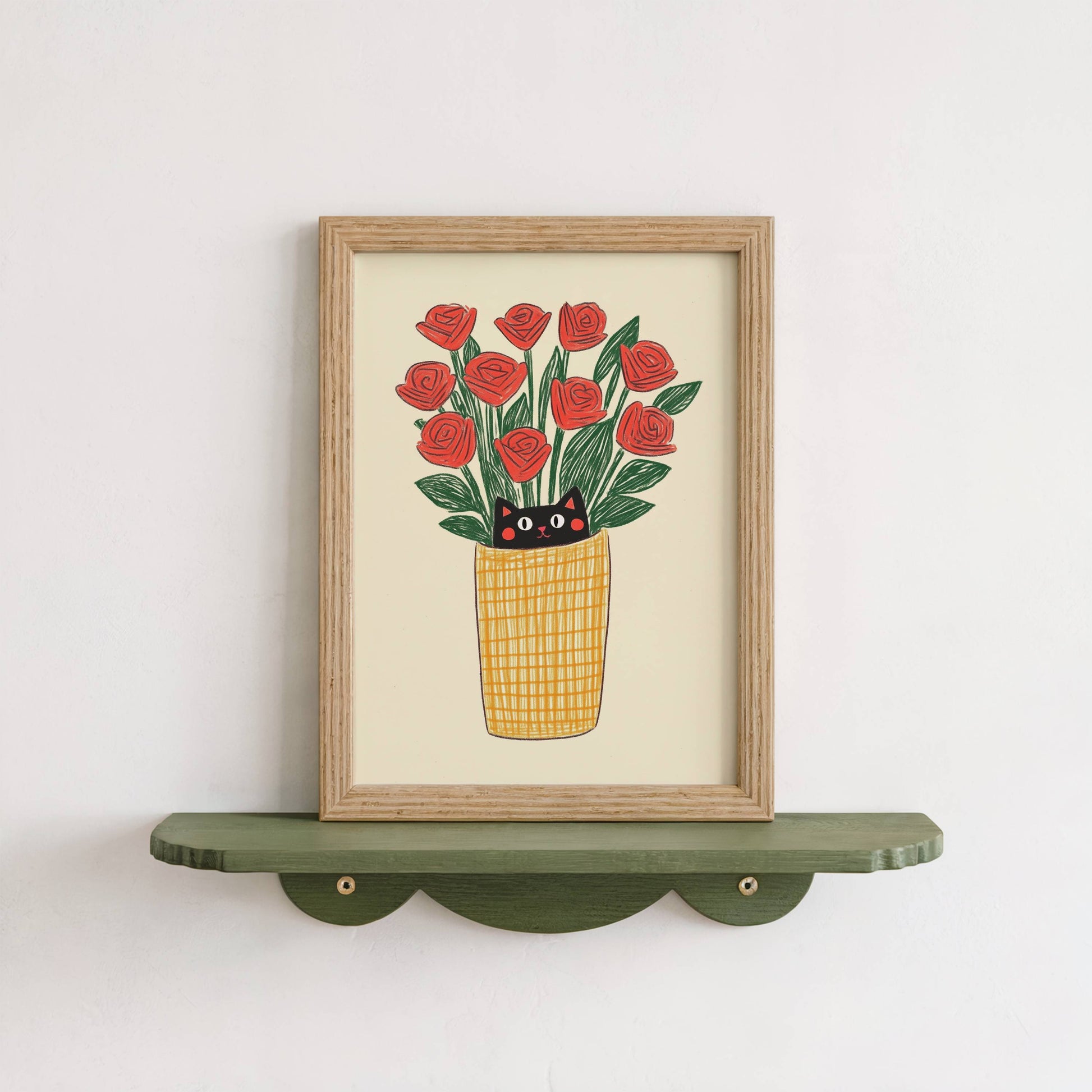 Illustration chat noir roses rouges | affiche art mural naïf | cadeau amoureux des chats | déco cottagecore fleurs