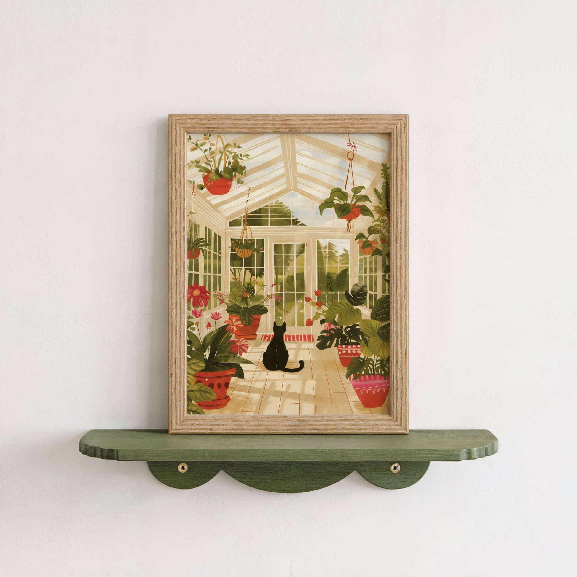 Illustration chat noir serre | affiche jardin d'hiver ensoleillé | poster cottagecore chat de dos | cadeau amoureux des chats