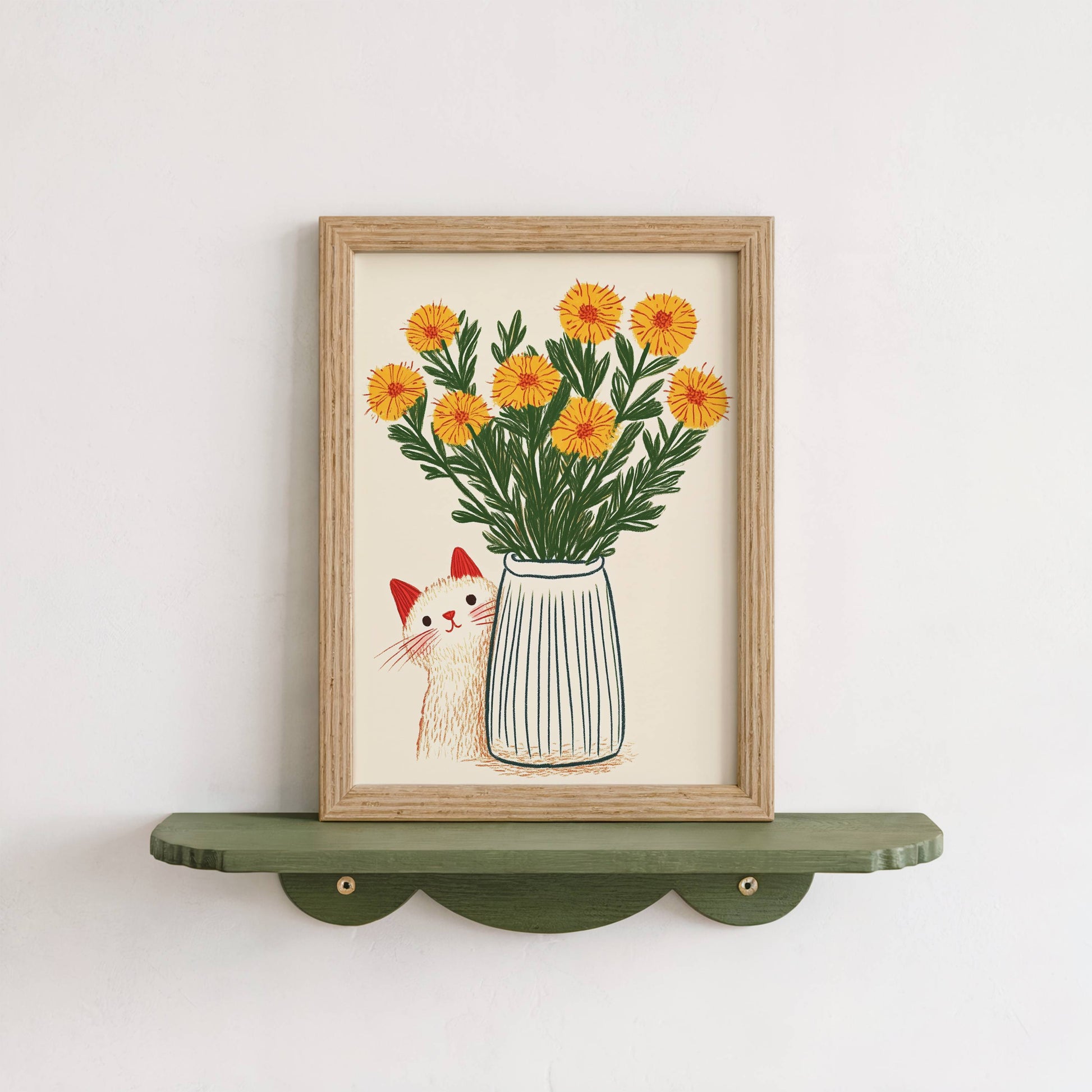 Illustration chat blanc fleurs jaunes | poster art floral printanier | cadeau amoureux des chats | déco murale cottagecore