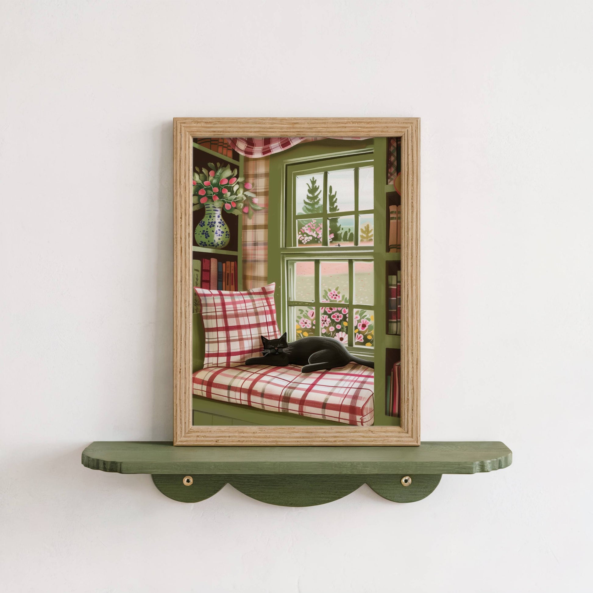 Illustration chat noir | affiche déco bibliothèque cosy | poster cottagecore chat sieste | cadeau amoureux des chats