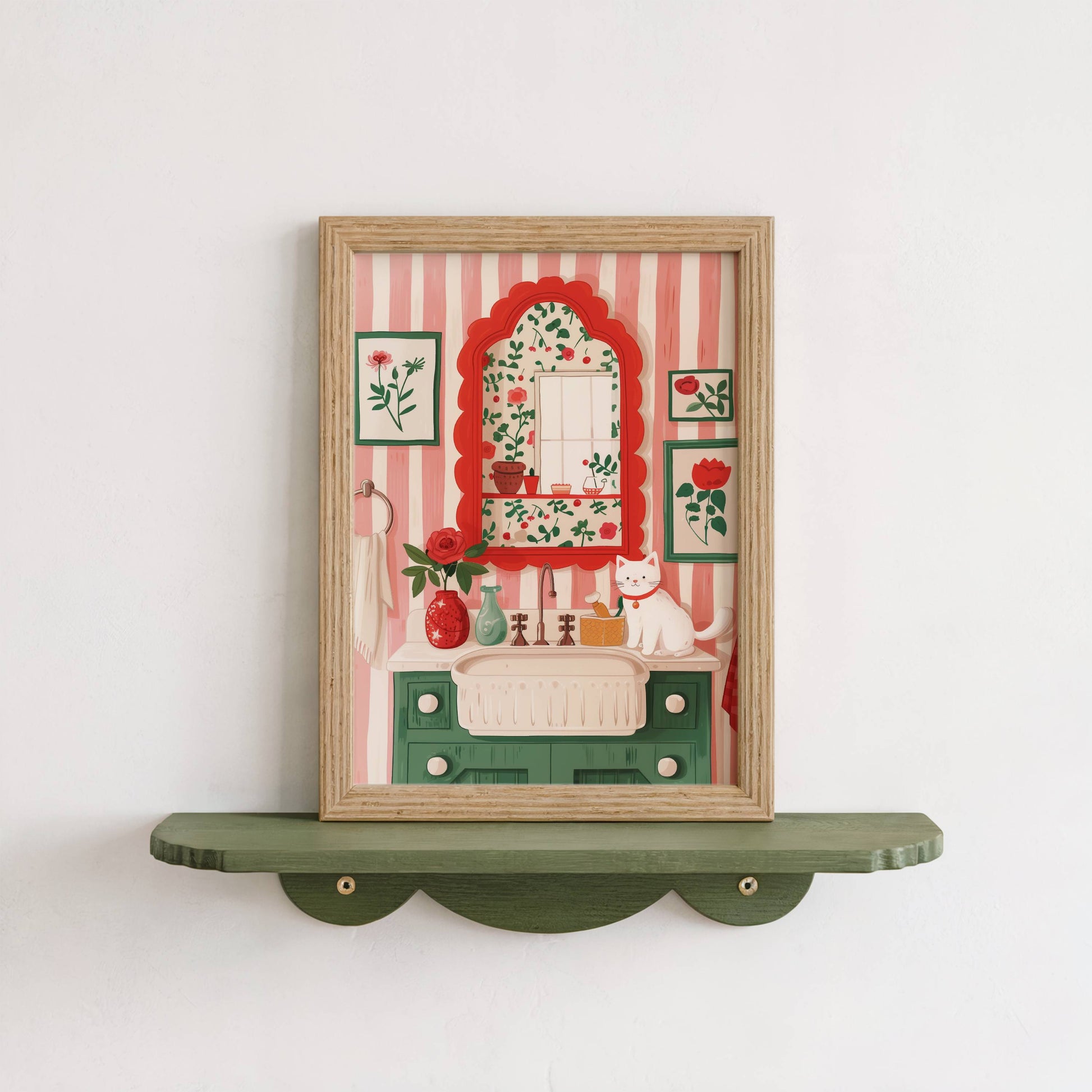 Illustration chat blanc salle de bain | affiche décorative cottagecore | cadeau amoureux des chats | illustration poétique fleurs