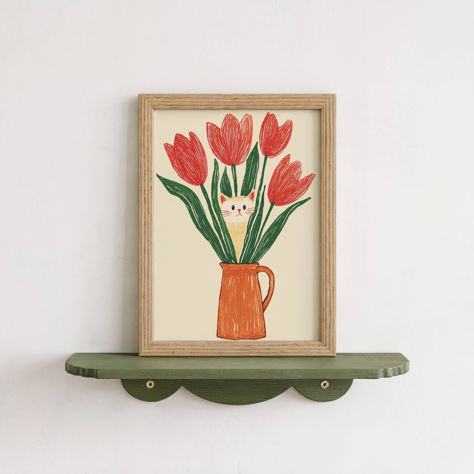 Illustration chat et tulipes rouges | Affiche chat rigolo | Idée cadeau amoureux des chats | Art mural naïf et coloré | Poster cottagecore