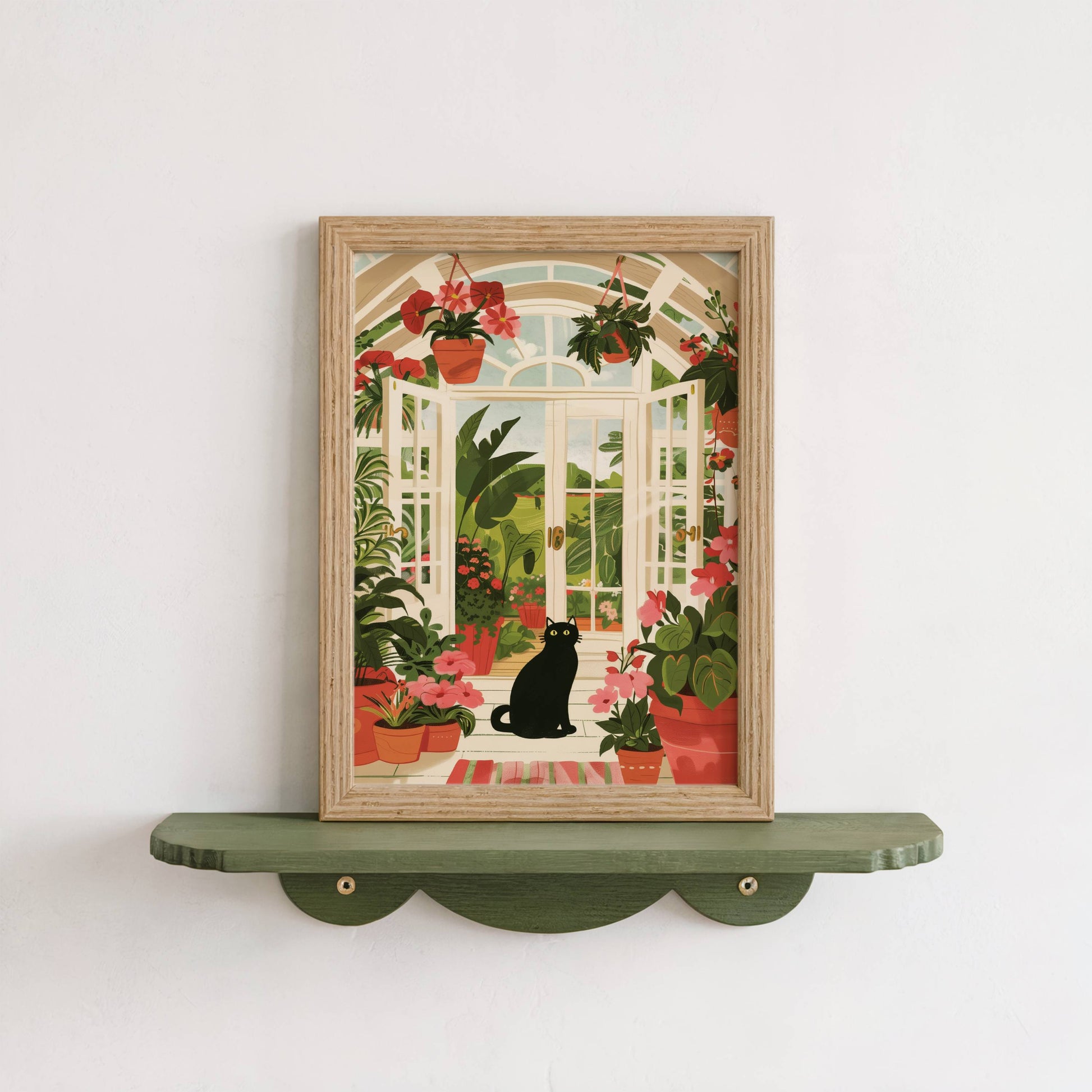 Illustration chat noir véranda | affiche jardin d'hiver plantes | cadeau amoureux des chats | déco lumineuse verrière