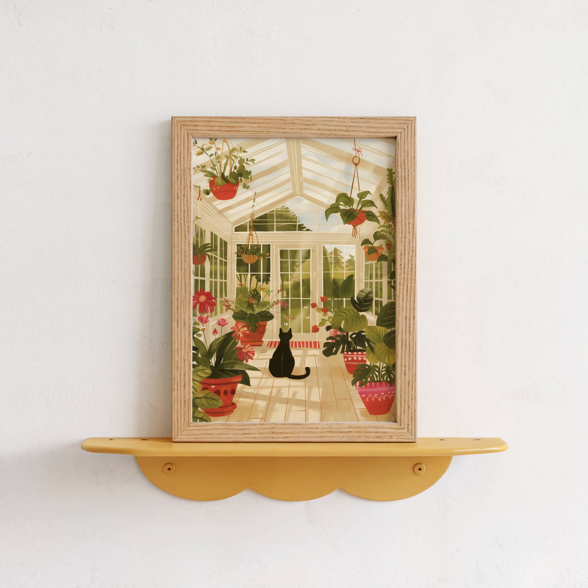 Illustration chat noir serre | affiche jardin d'hiver ensoleillé | poster cottagecore chat de dos | cadeau amoureux des chats