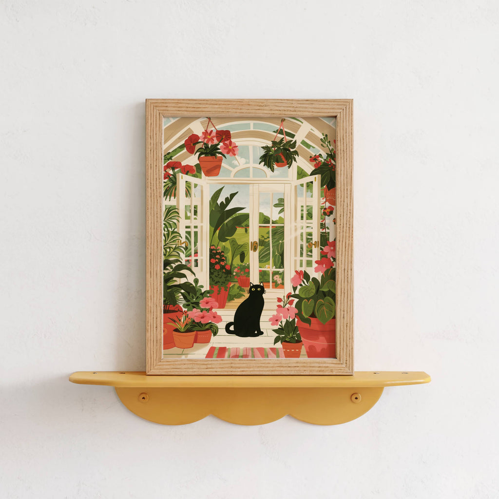 Illustration chat noir véranda | affiche jardin d'hiver plantes | cadeau amoureux des chats | déco lumineuse verrière