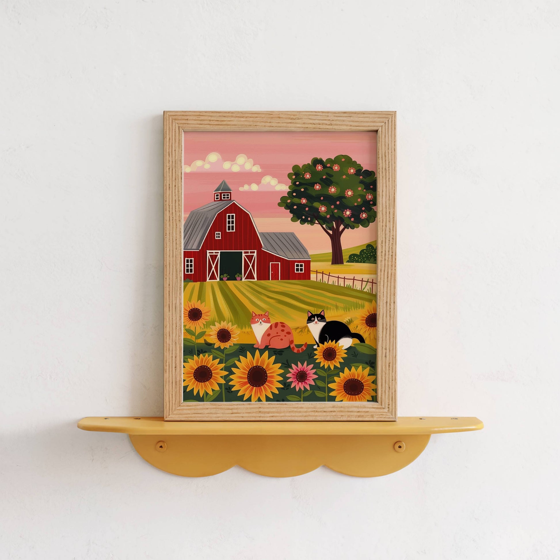 Illustration chats campagne tournesols | illustration ferme grange rouge | décor mural champêtre coloré | cadeau amoureux des chats