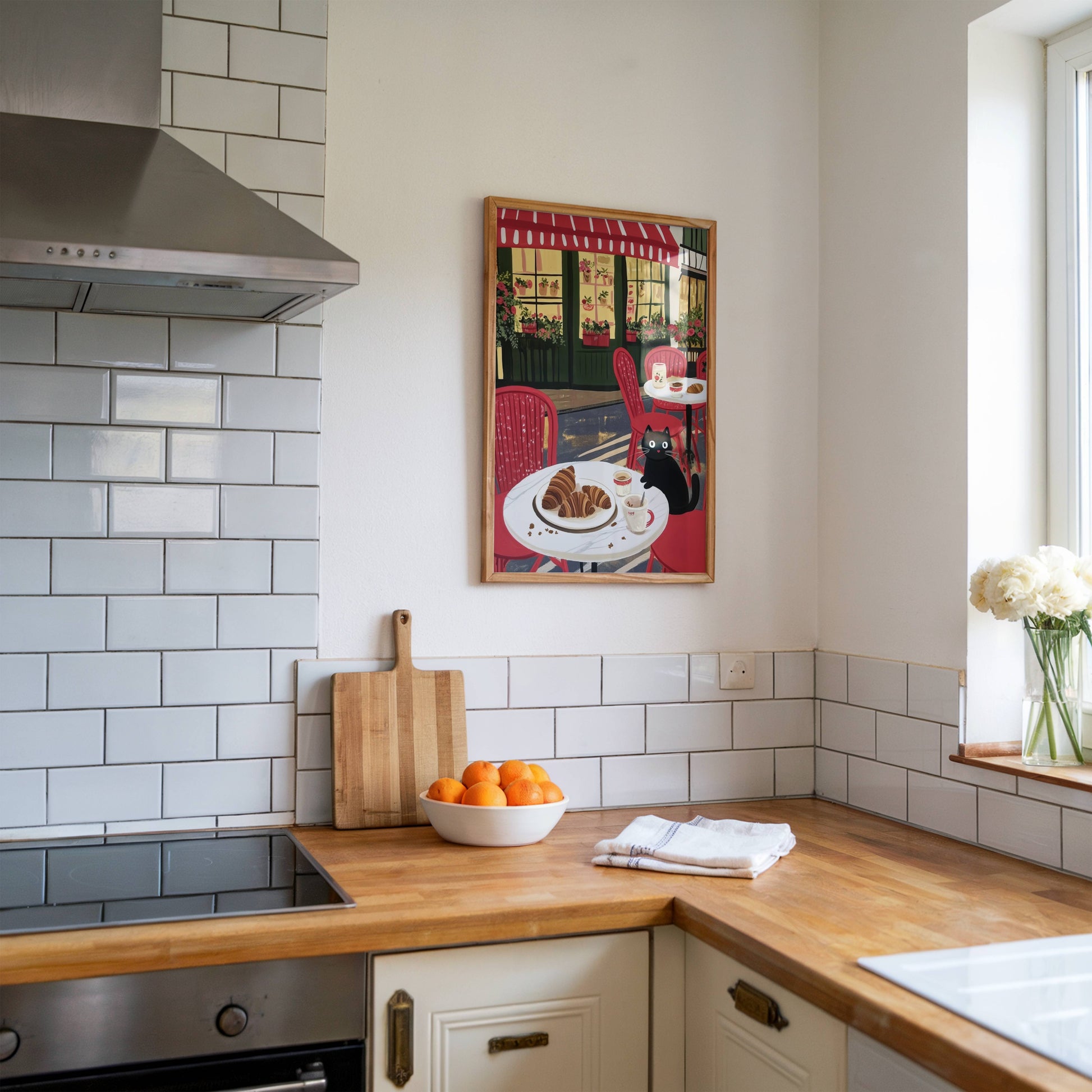 Affiche Chat noir café Paris - Illustration terrasse Parisienne croissants - Idée cadeau Amoureux des Chats