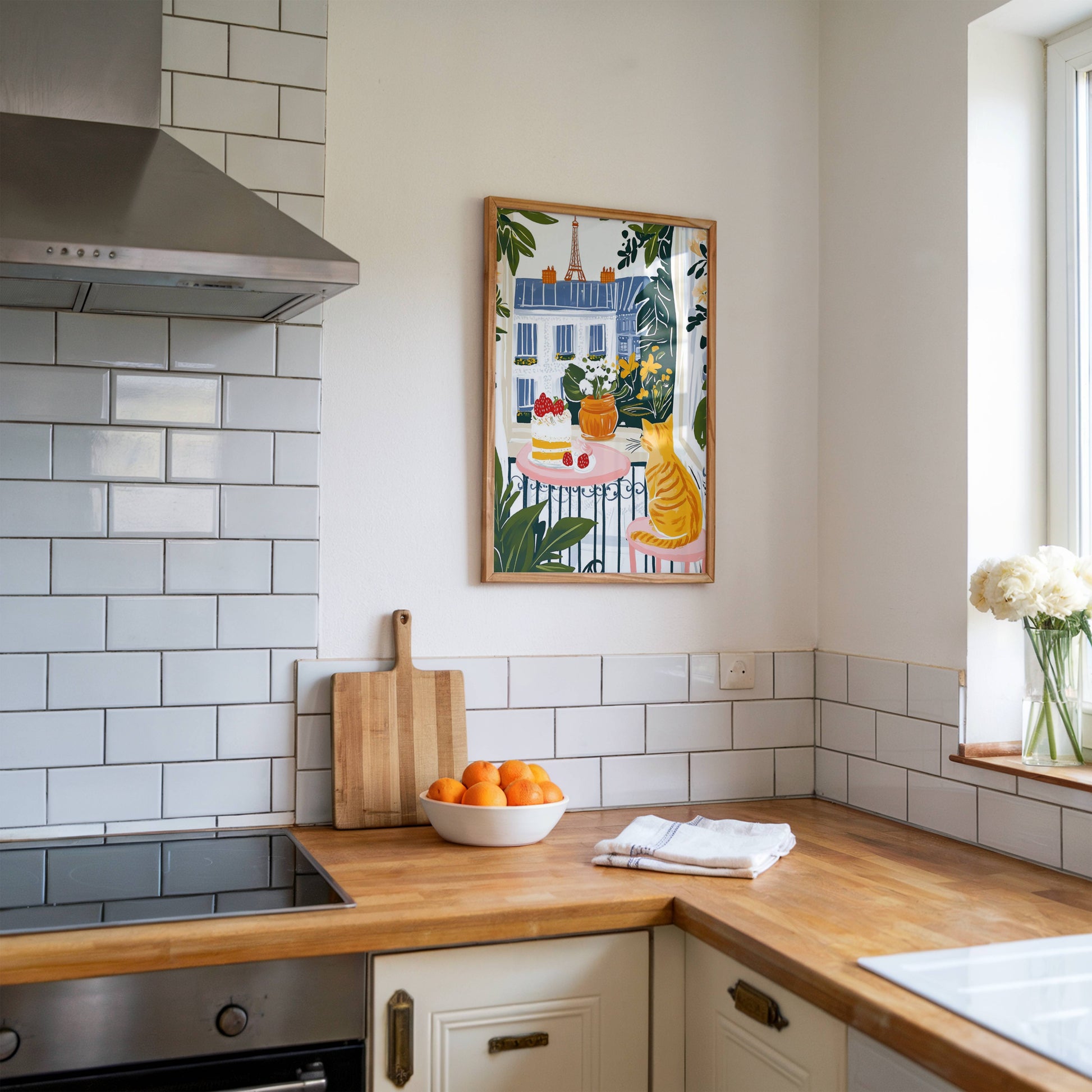 Affiche chat roux à Paris - Illustration chat balcon Tour Eiffel - idée cadeau amoureux des chats - illustration voyage France