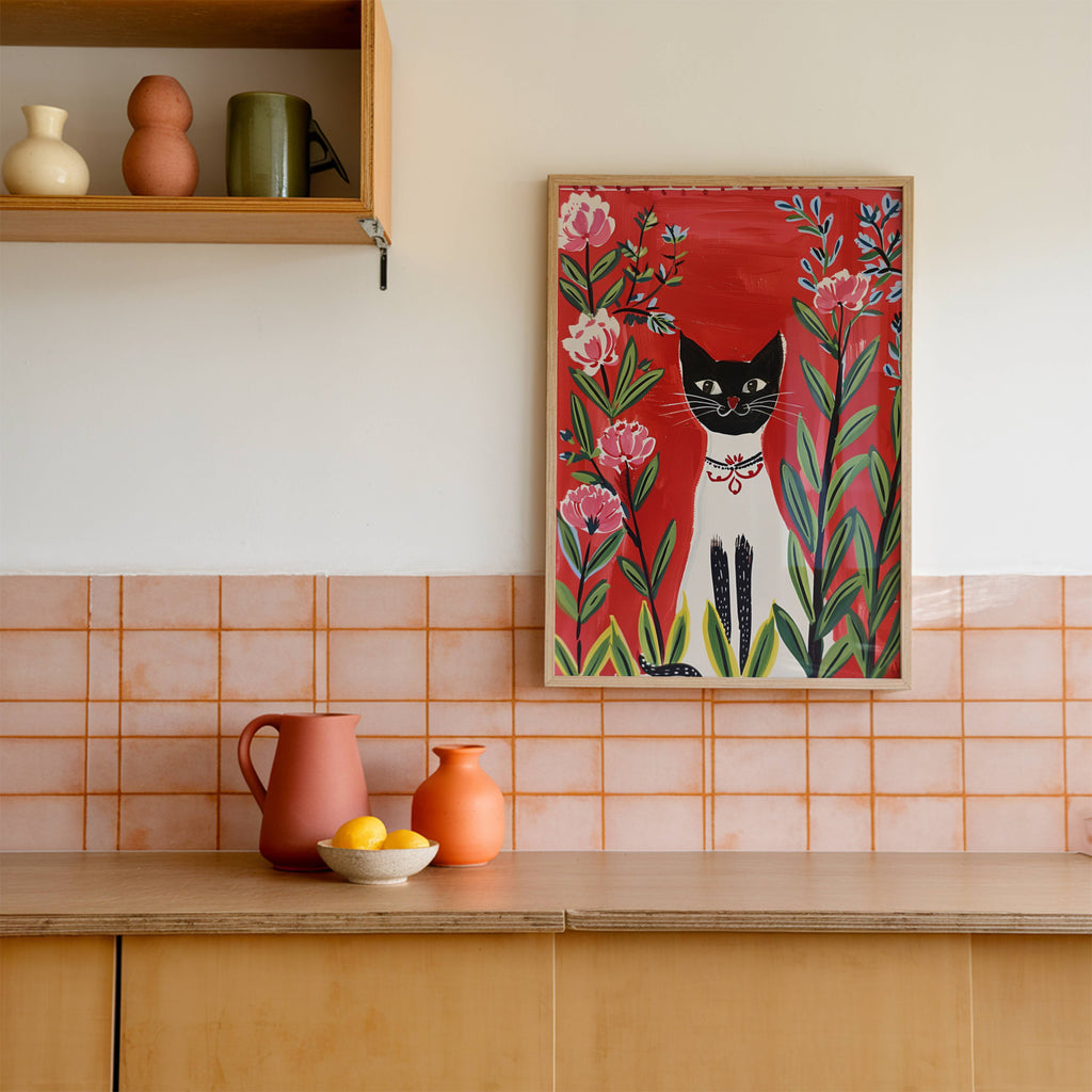 Illustration Chat Siamois et fleurs roses - Idée cadeau amoureux des siamois