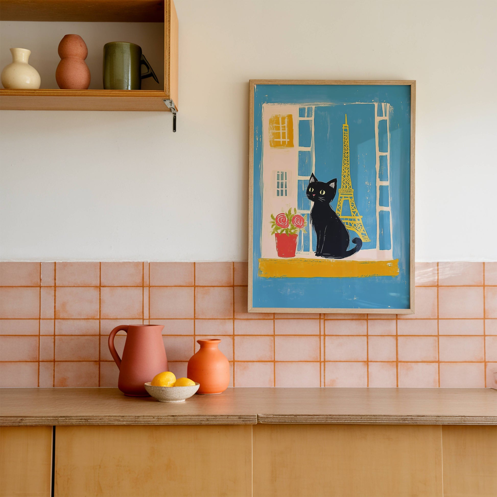 Illustration chat noir Paris – Chat noir Tour Eiffel – déco murale chaleureuse cottagecore, cadeau amoureux des chats