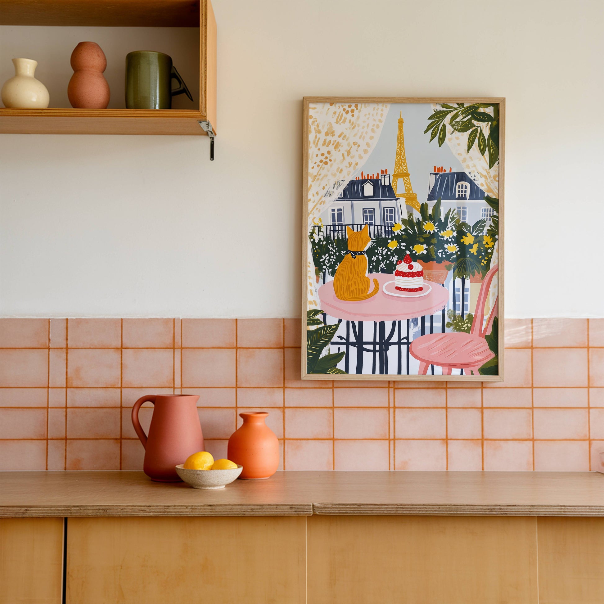 Illustration Chat roux à Paris - Illustration balcon Tour Eiffel - Idée cadeau amoureux des Chats