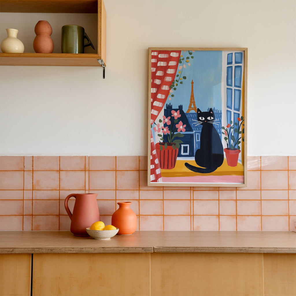 Affiche Chat noir à Paris - Illustration fenêtre Tour Eiffel -  Idée cadeau amoureux des chats