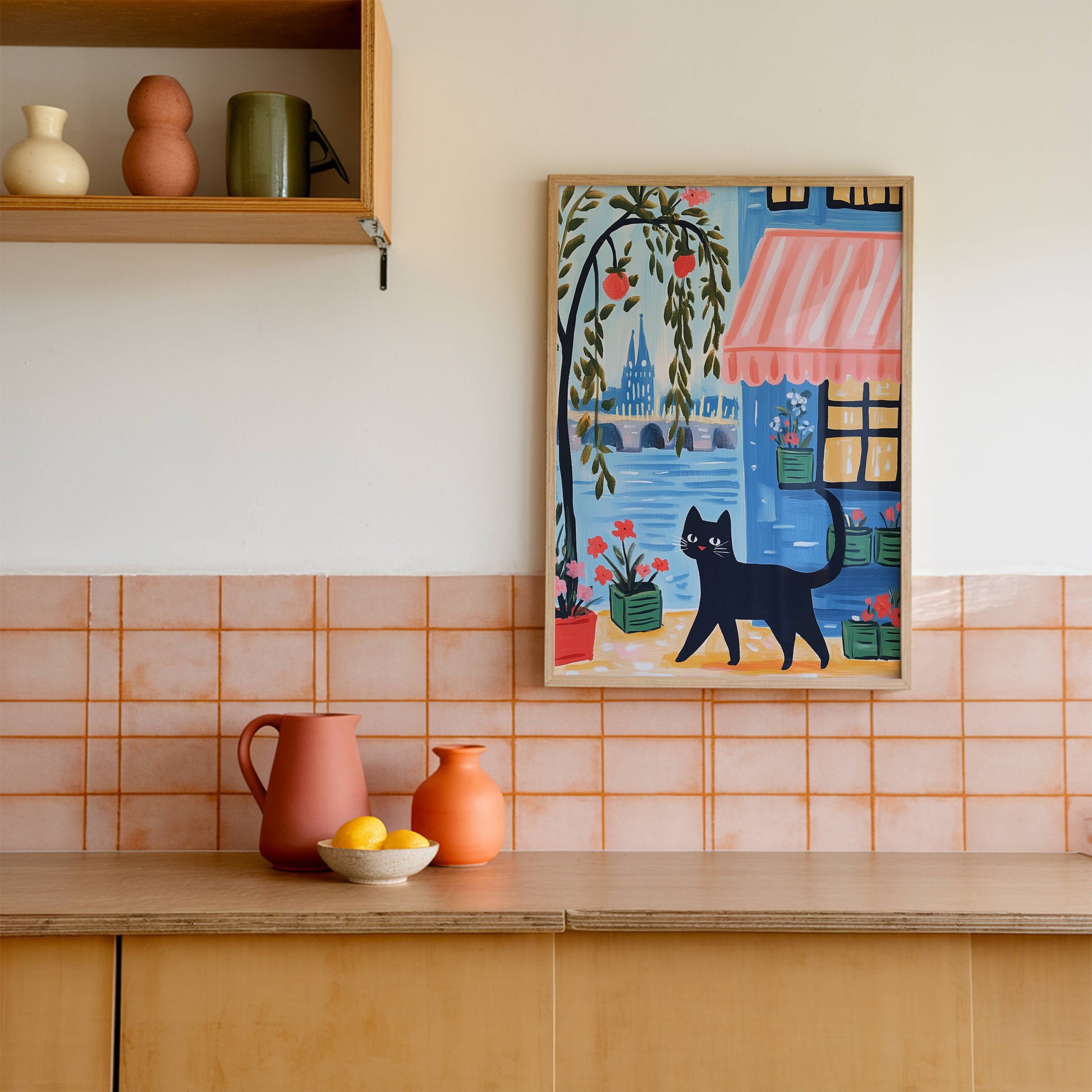 Illustration Chat noir à Paris - Idée cadeau amoureux des chats - Art Naïf fenêtre et fleurs