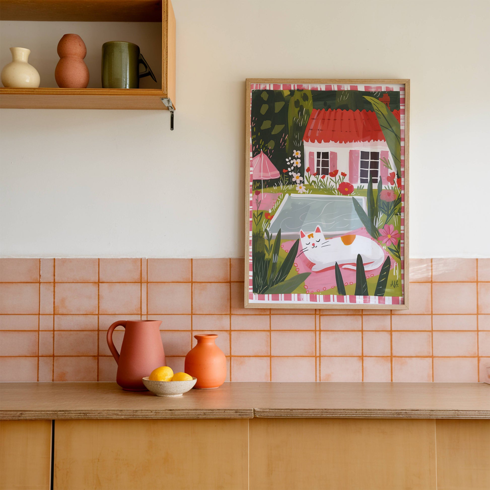 Illustration chat blanc piscine jardin – Chat endormi cottagecore – déco murale chaleureuse été, idée cadeau amoureux des chats blancs