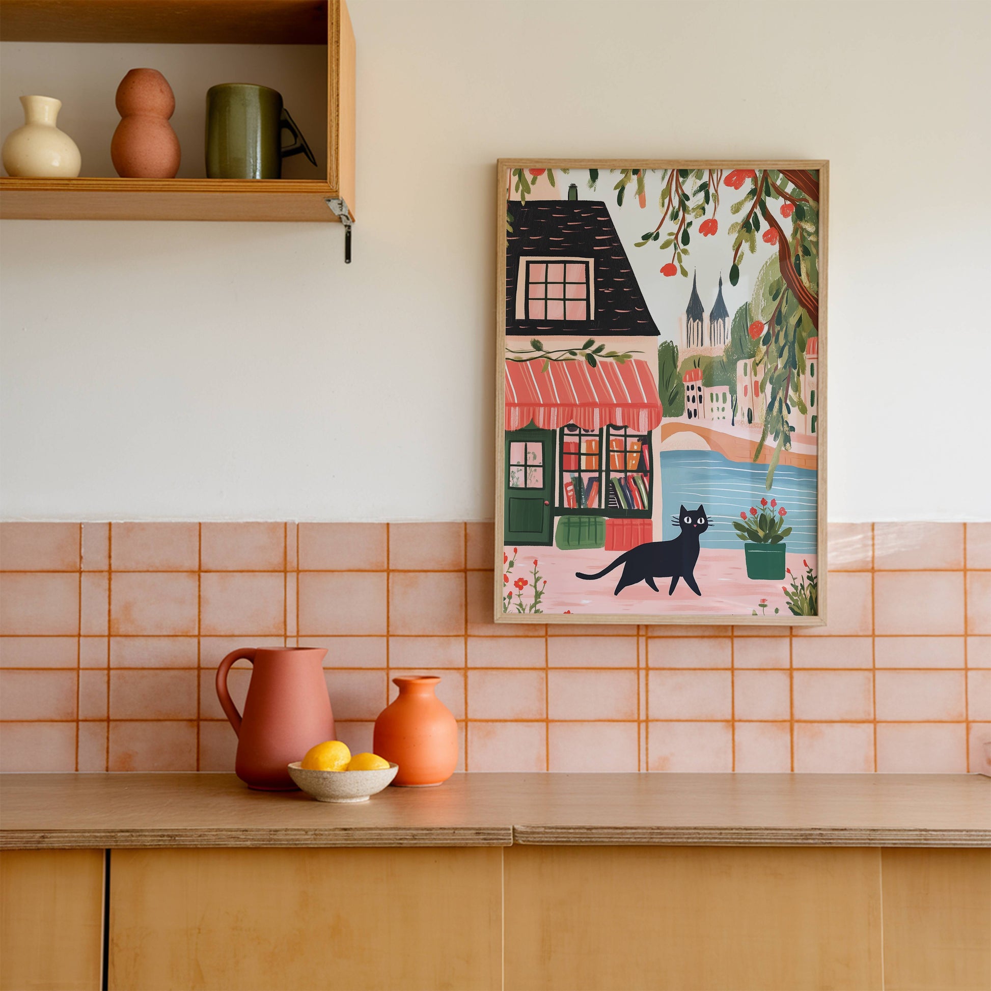 Affiche chat noir librairie Paris - Cadeau bibliophile et amoureux des Chats - Illustration naïve France
