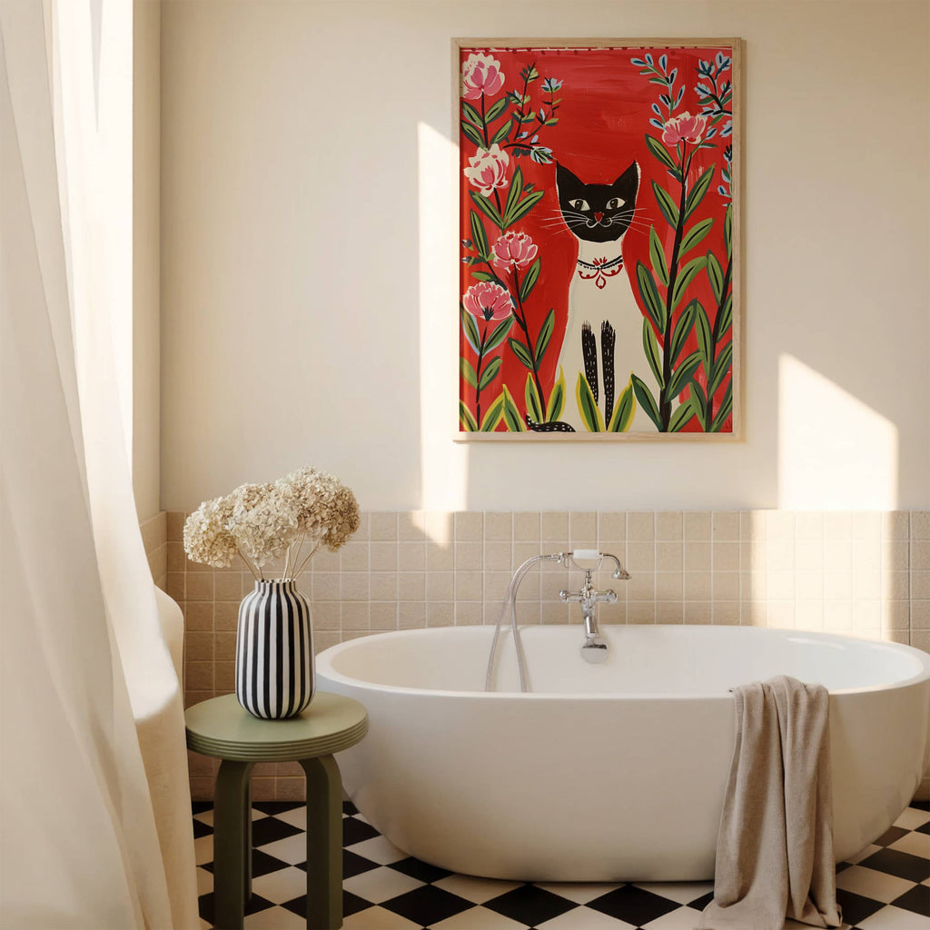 Illustration Chat Siamois et fleurs roses - Idée cadeau amoureux des siamois