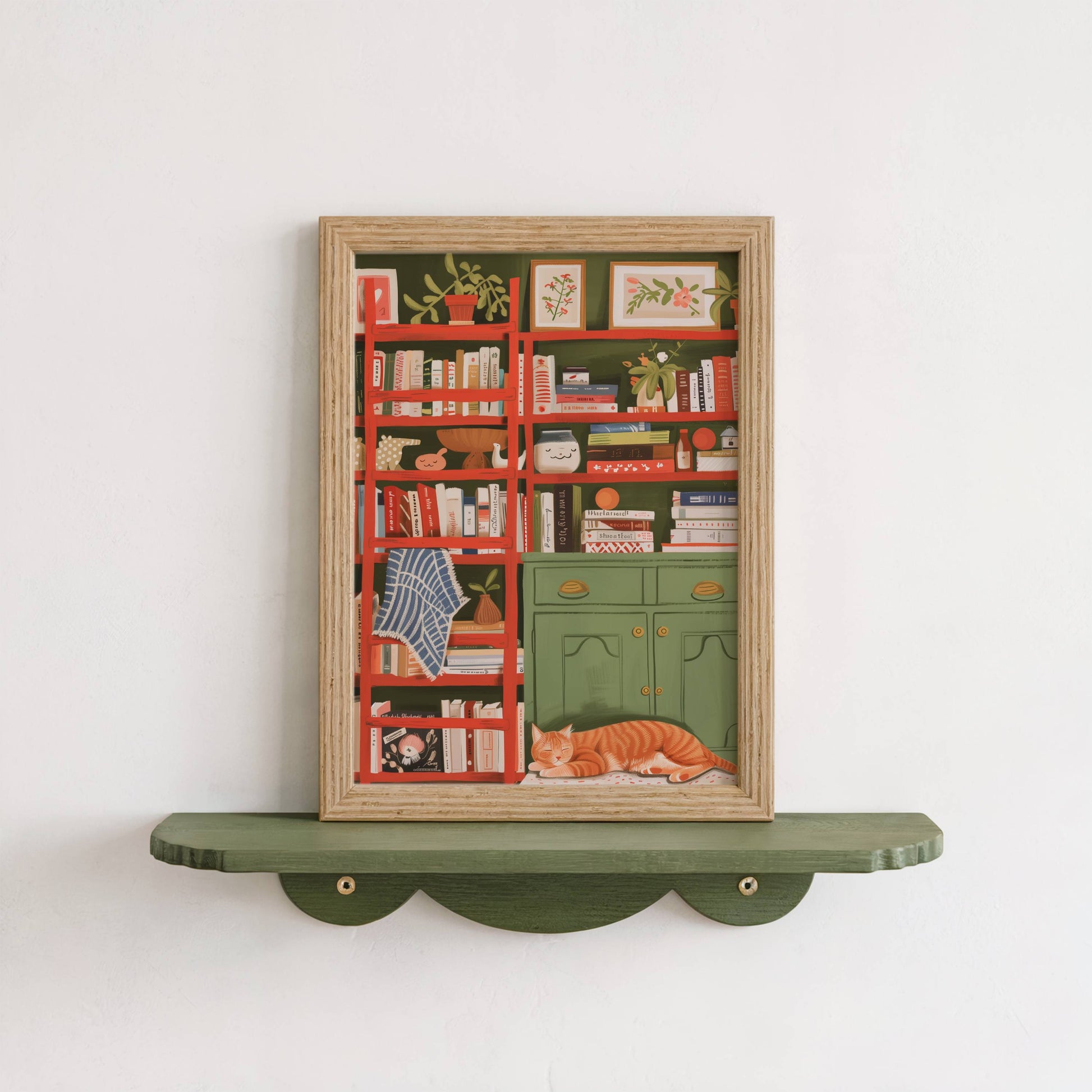 Illustration chat roux bibliothèque | affiche déco lecture cosy | poster cottagecore chat roux | cadeau amoureux des chats et des livres