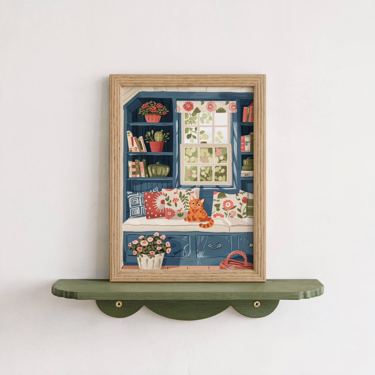 Illustration chat roux fenêtre bleue | Affiche cottagecore chat orange | cadeau amoureux des chats | art mural floral bibliothèque