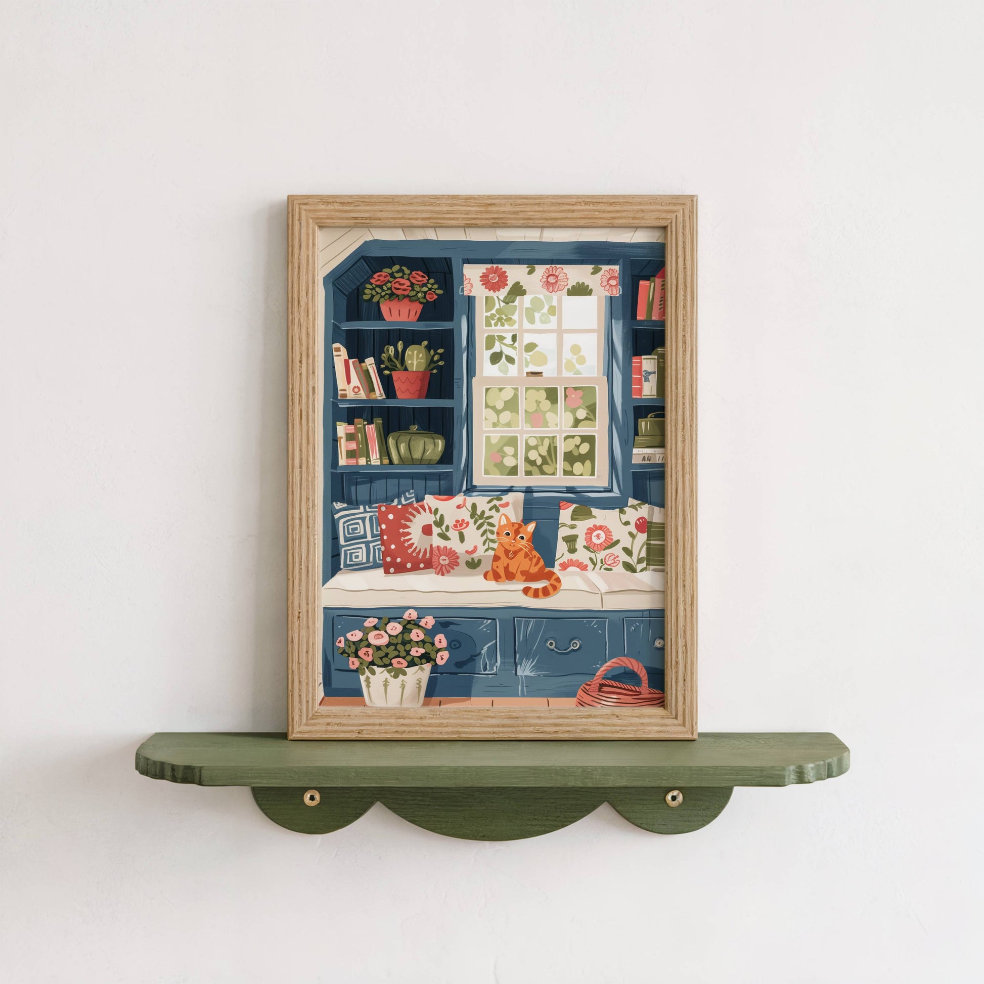 Illustration chat roux fenêtre bleue | Affiche cottagecore chat orange | cadeau amoureux des chats | art mural floral bibliothèque