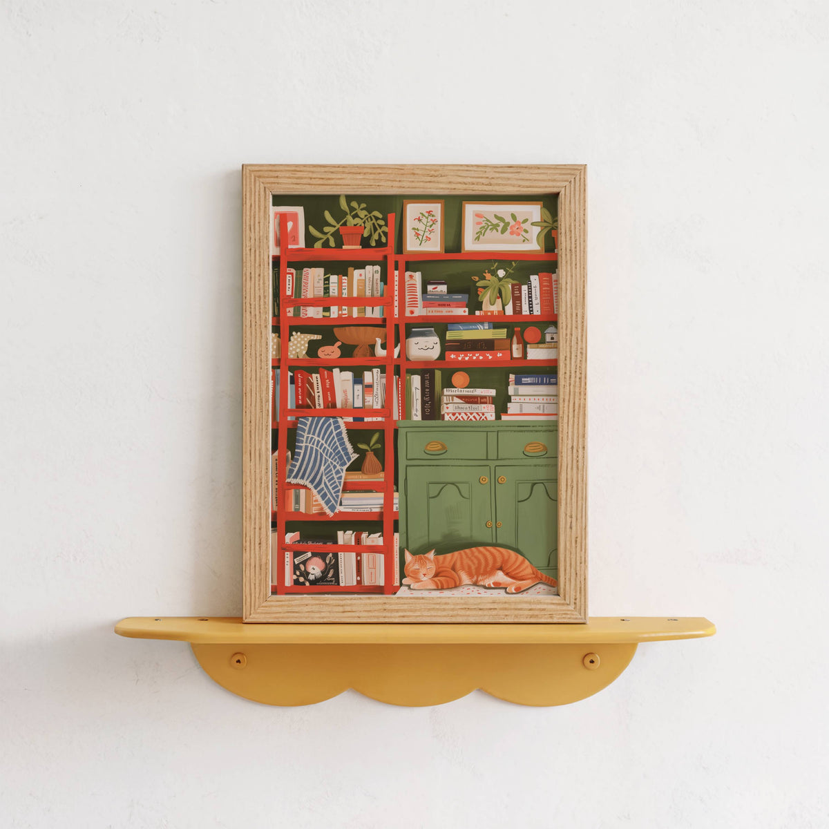 Illustration chat roux bibliothèque | affiche déco lecture cosy | poster cottagecore chat roux | cadeau amoureux des chats et des livres