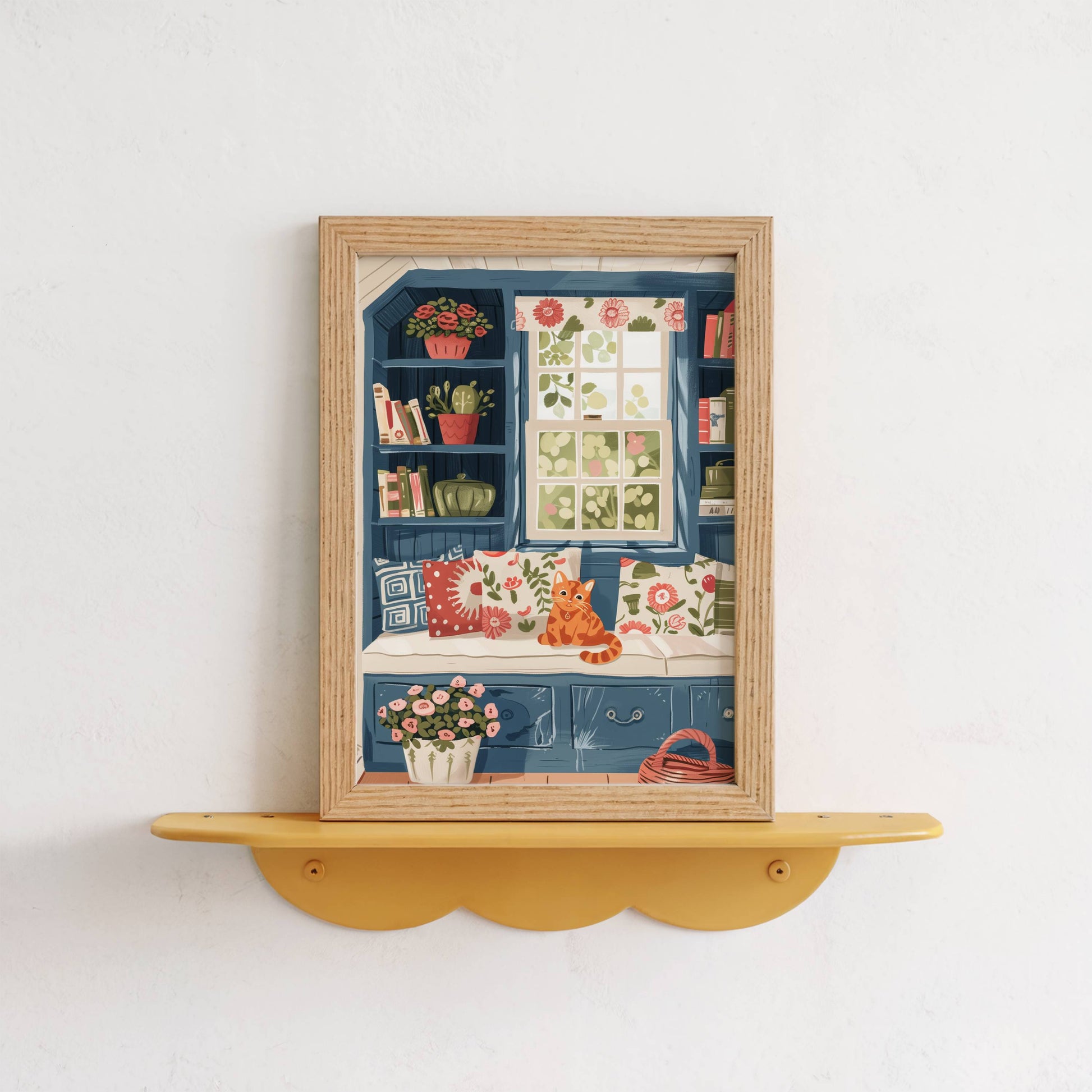 Illustration chat roux fenêtre bleue | Affiche cottagecore chat orange | cadeau amoureux des chats | art mural floral bibliothèque