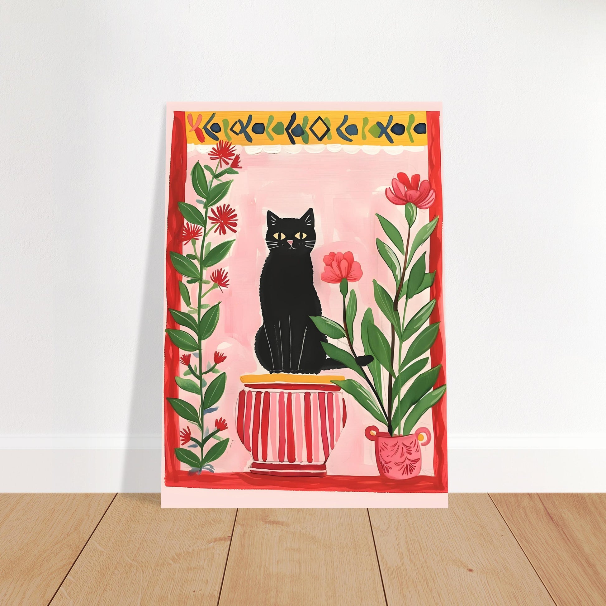 Illustration d'un chat noir dans le jardin – Impression artistique poétique représentant un chat et des fleurs – Décoration murale chaleureuse – Papier de qualité supérieure