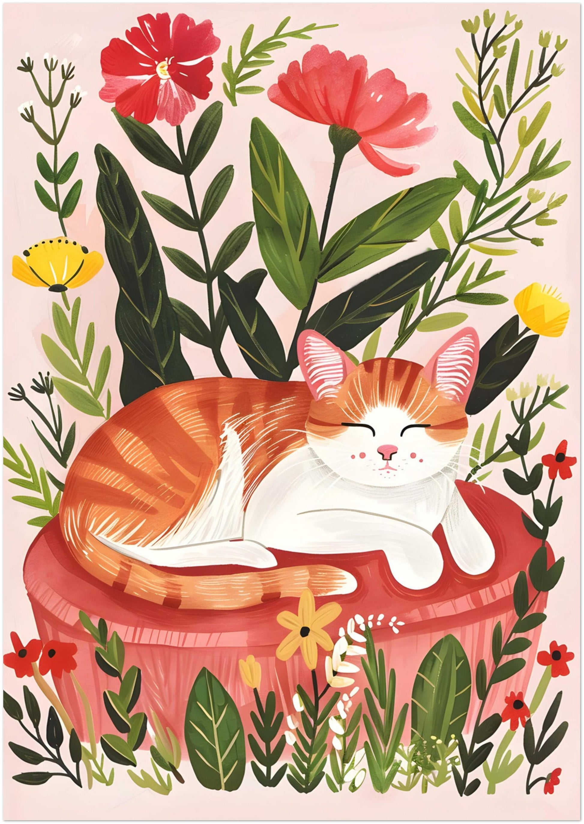 Illustration Le chat roux – Décoration murale florale avec un chat rêveur et un paysage naturel chaleureux – « Le jardin rêveur du chat roux » – Papier haut de gamme