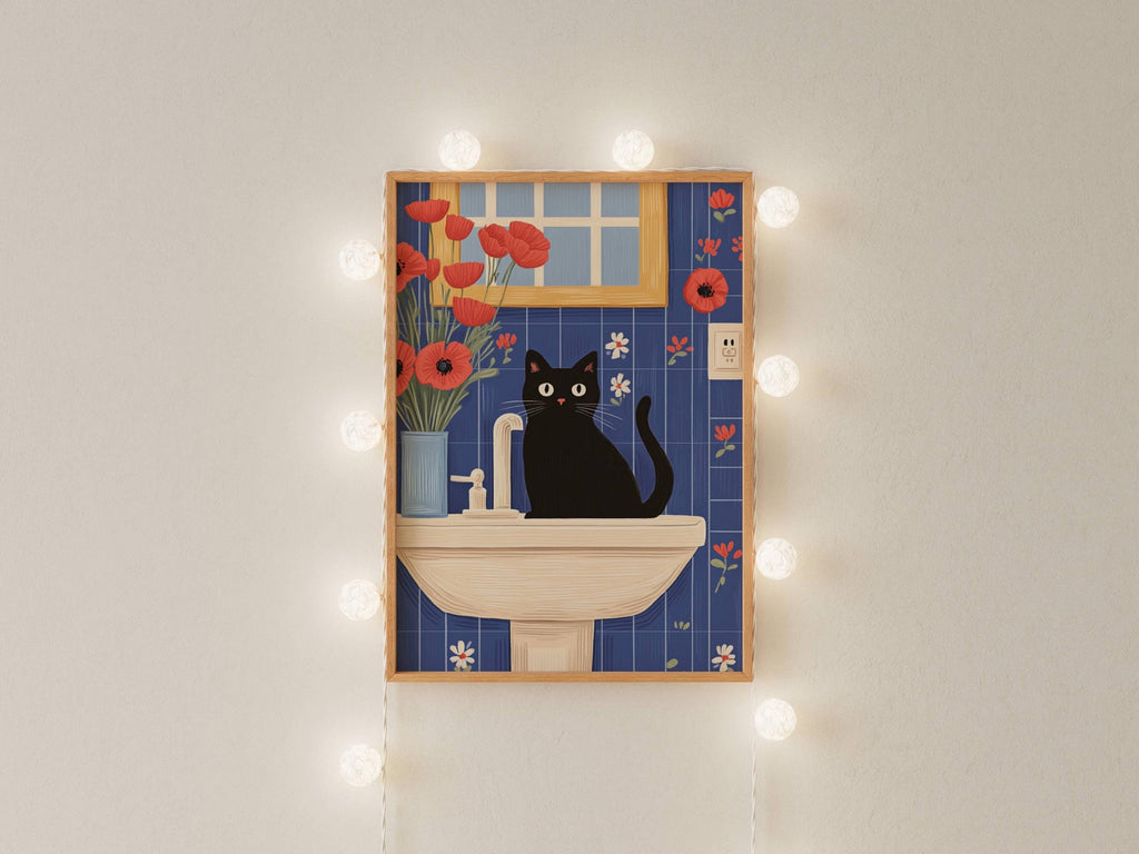 Illustration chat noir bain vintage – affiche poétique salle de bain – art mural humoristique – idée cadeau amoureux des chats