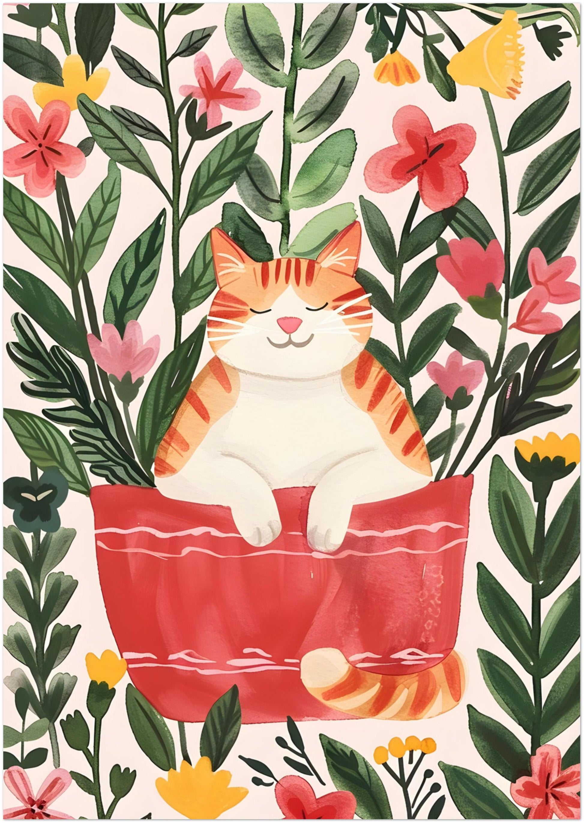 Affiche chat roux  – "Le jardin rêveur du chat roux" – Illustration poétique printanière