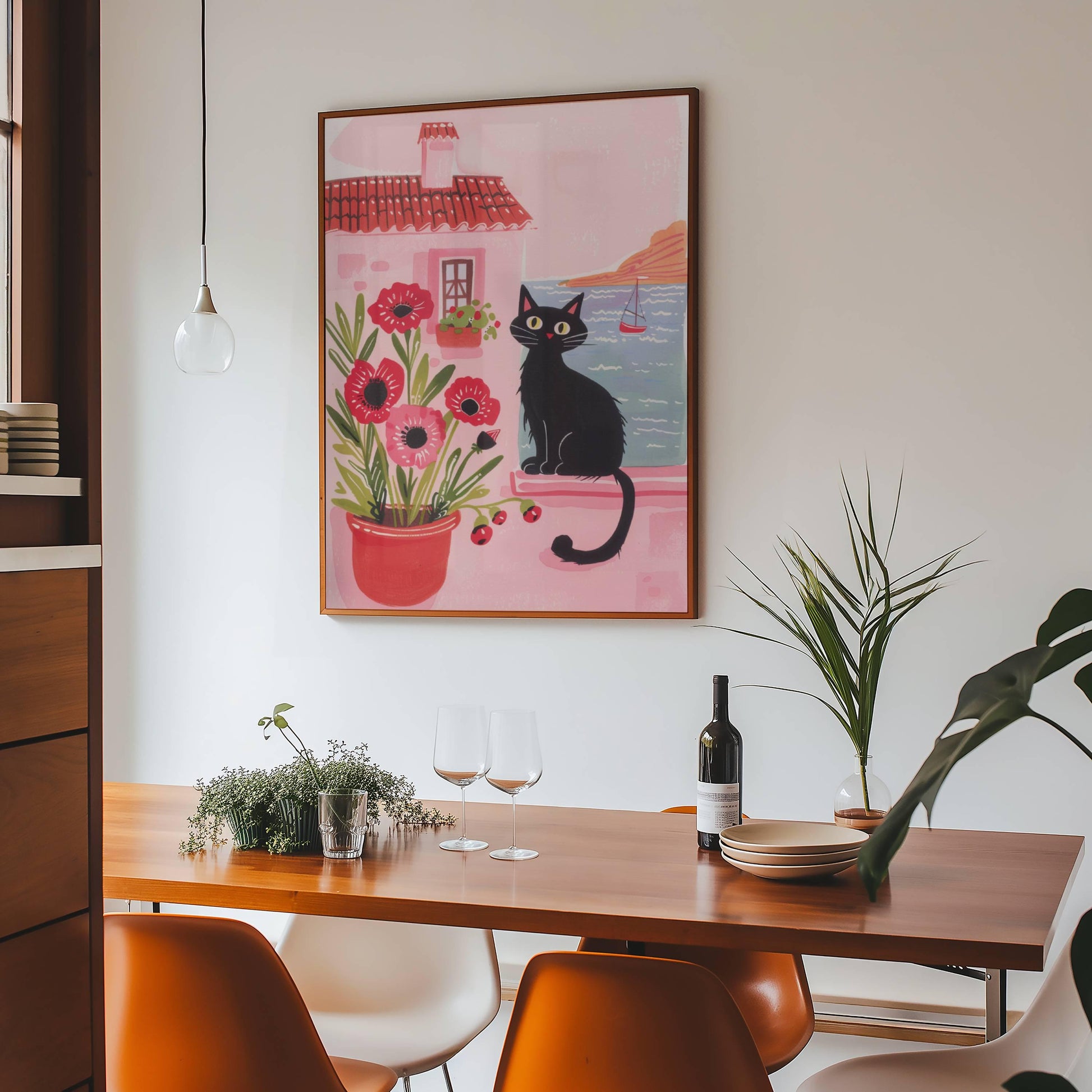 Affiche chat noir mystérieux – illustration chat parmi les coquelicots – art mural vintage poétique – déco murale chambre ou salon