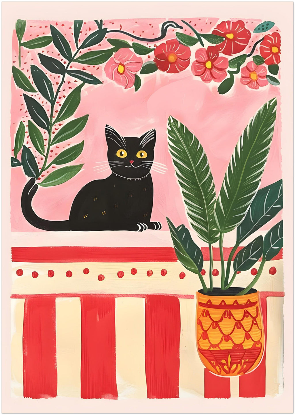 Affiche chat noir mystérieux – illustration chat noir dans un jardin secret – art mural vintage poétique – déco murale chambre ou salon