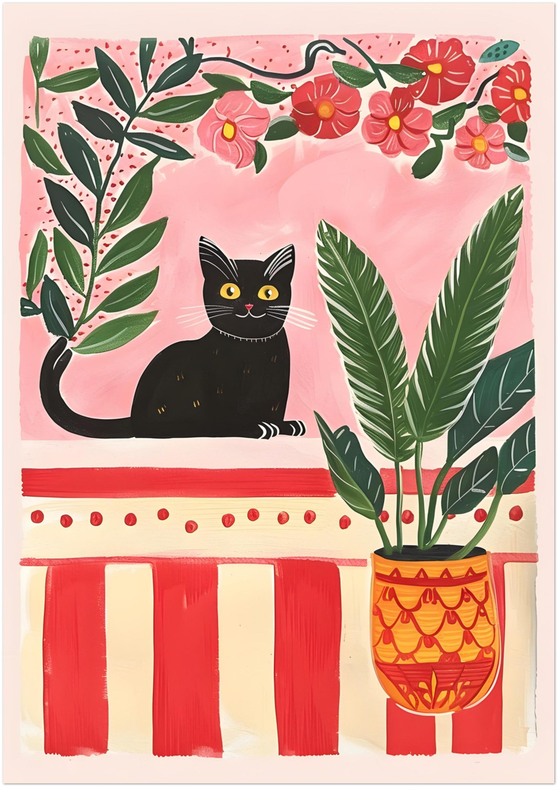 Affiche chat noir mystérieux – illustration chat noir dans un jardin secret – art mural vintage poétique – déco murale chambre ou salon