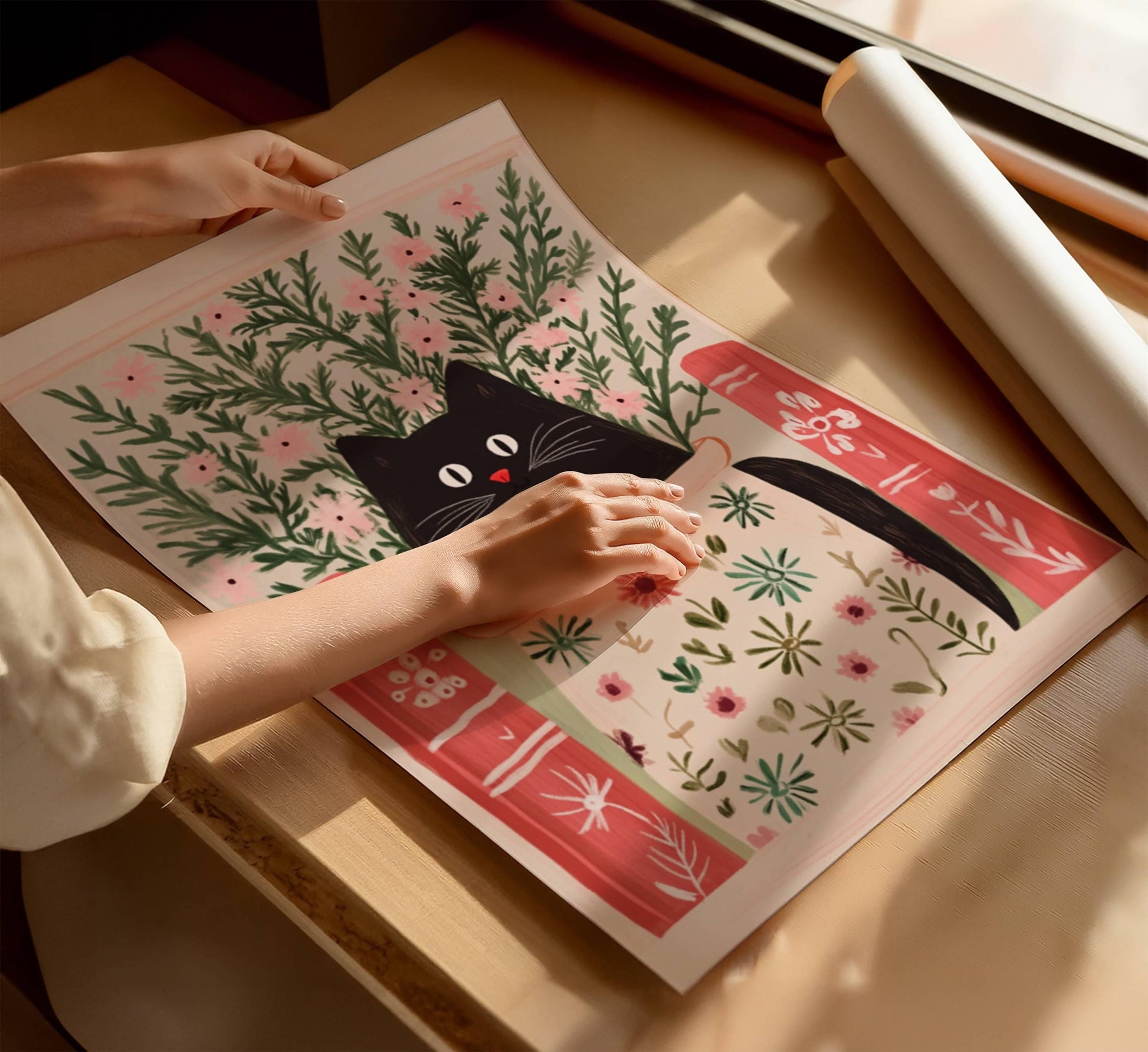 Illustration chat noir entre livres et pétales – affiche féline littéraire et florale – art mural poétique – déco murale chambre ou salon