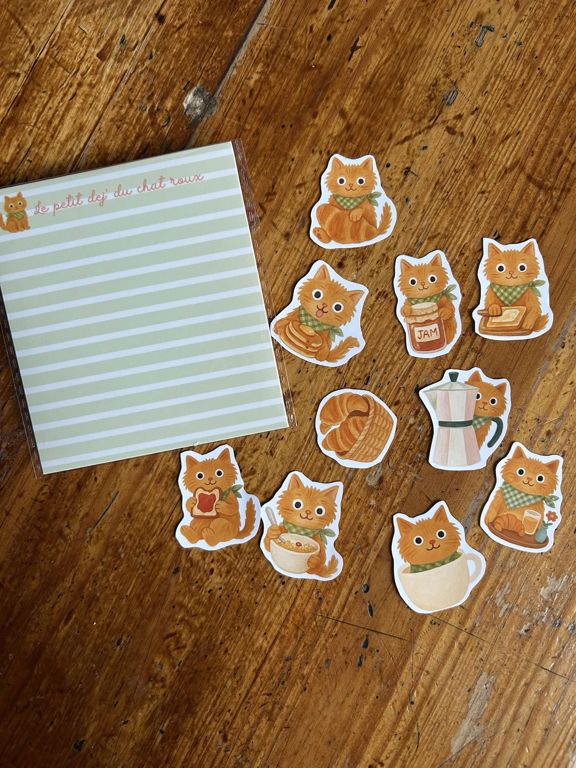 Stickers journaling  "Le Ptit Dej' du chat roux" - stickers Chat roux & petit déjeuner – Pack de 10 Stickers vinyle