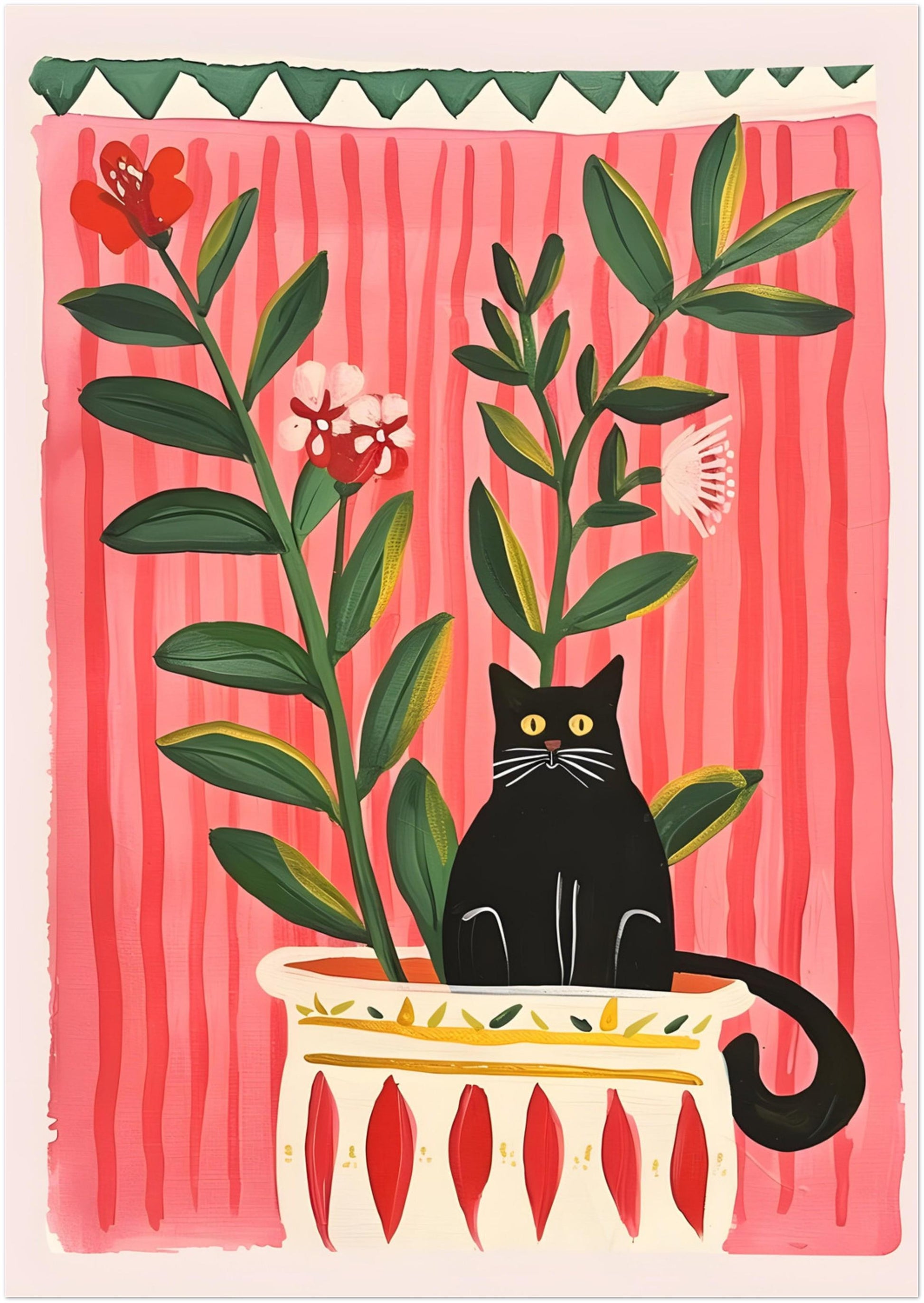 Affiche chat noir – Collection "Le jardin secret des chats"  – Illustration poétique printanière