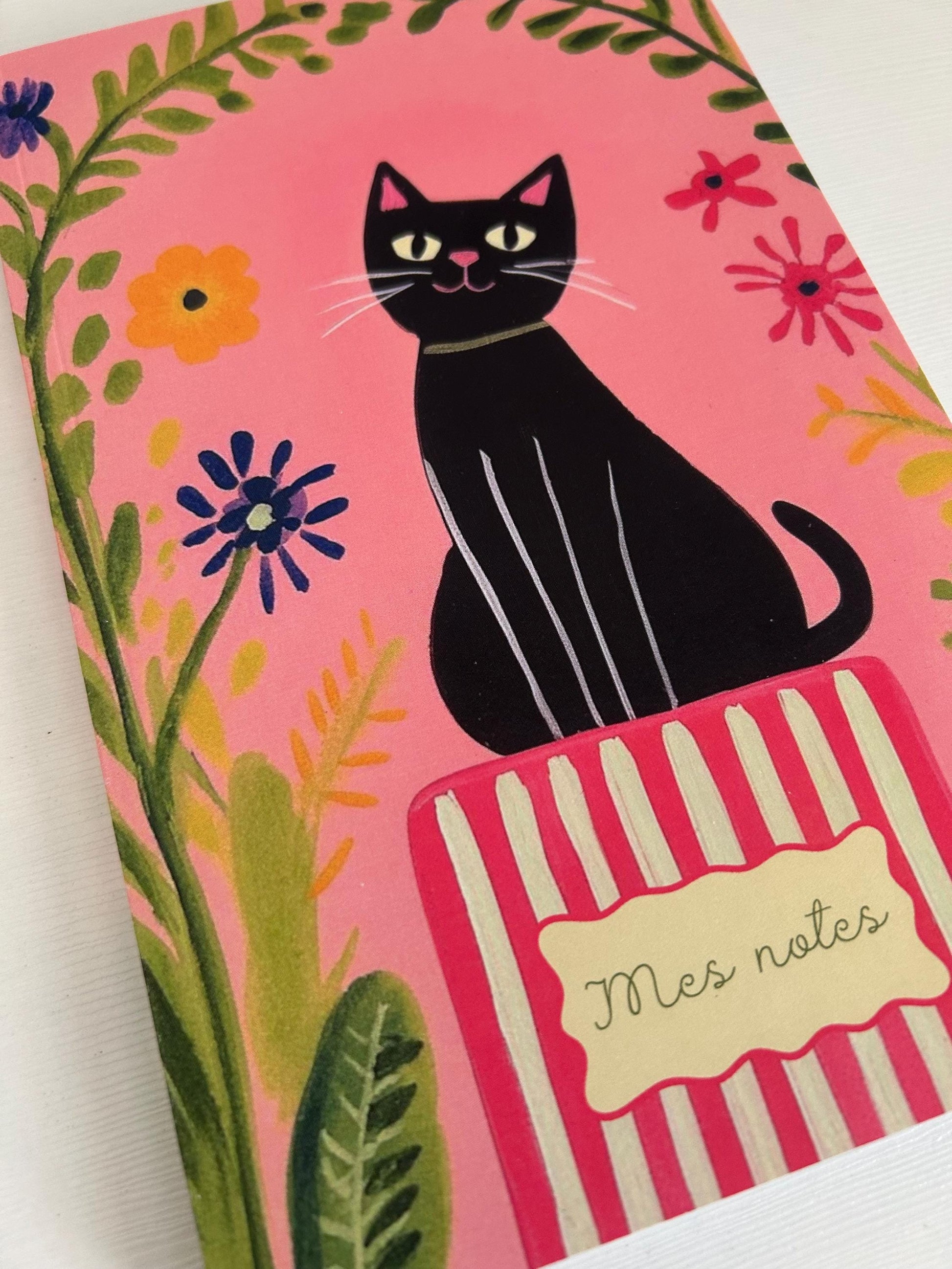Carnet de notes chat noir et fleurs – carnet de notes 80 pages lignées –  carnet d'écriture, carnet poétique