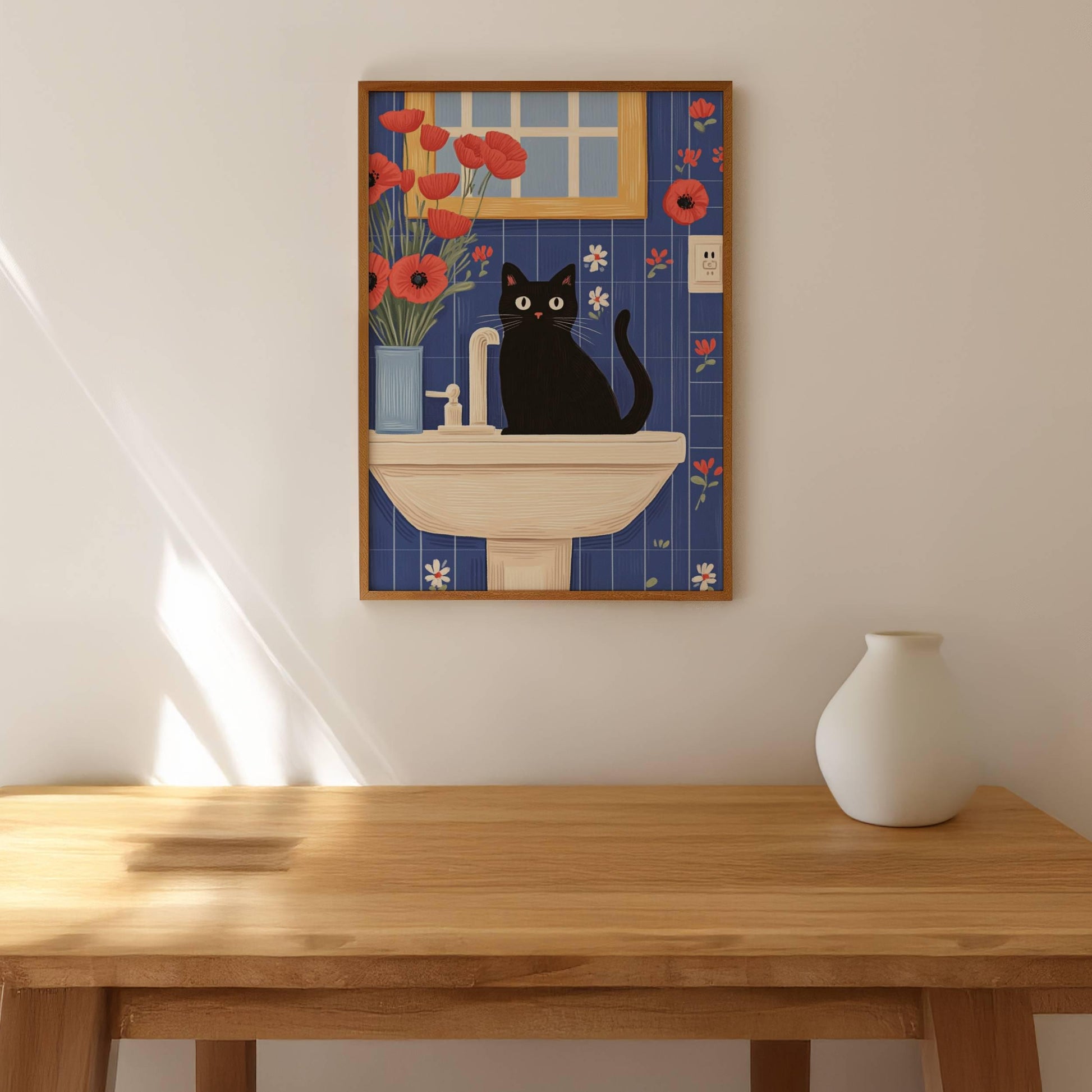 Illustration chat noir bain vintage – affiche poétique salle de bain – art mural humoristique – idée cadeau amoureux des chats