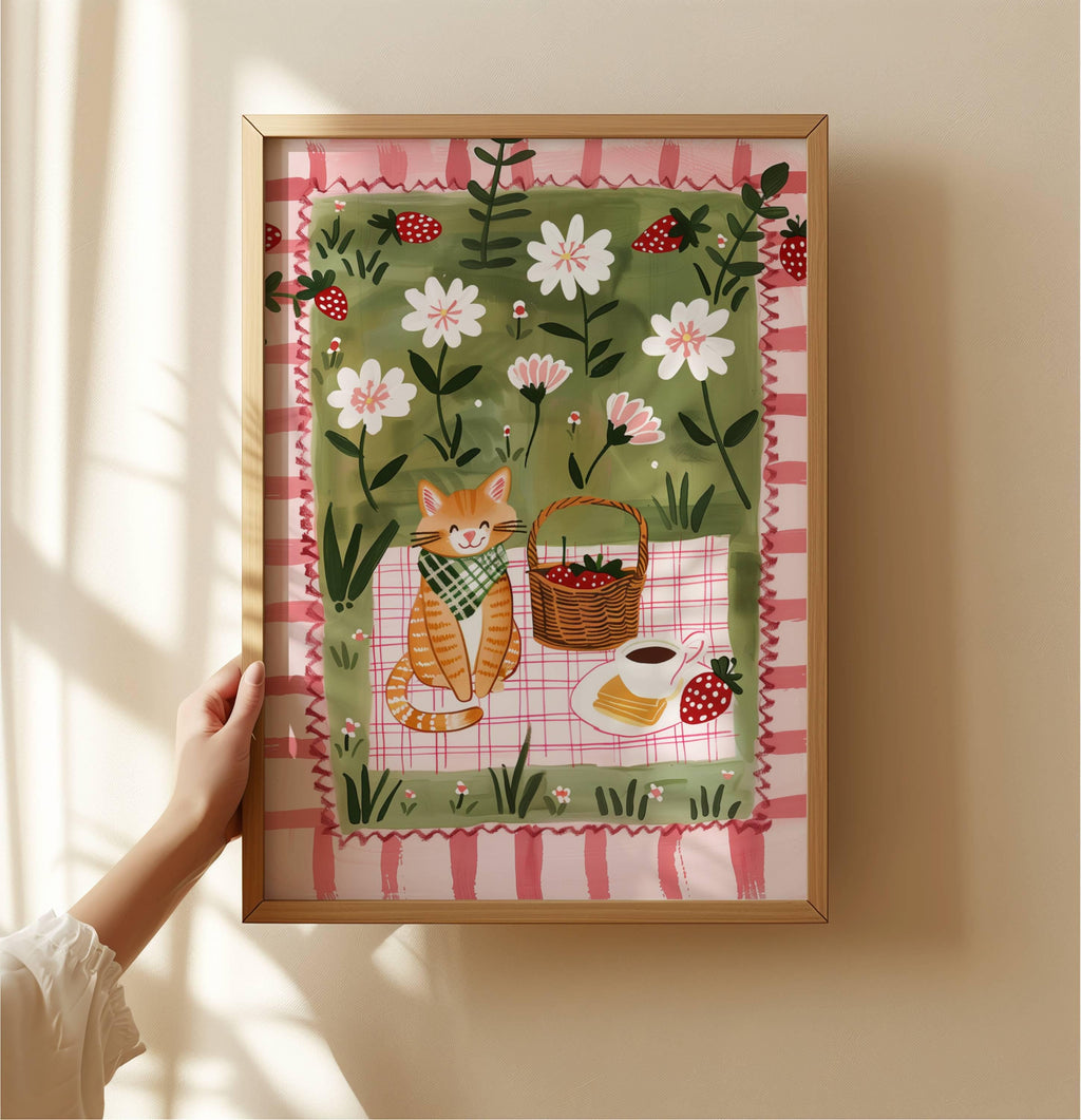 Affiche chat roux – Illustration pique-nique au jardin – déco murale cuisine ou chambre – art mural poétique printanier - Papier premium