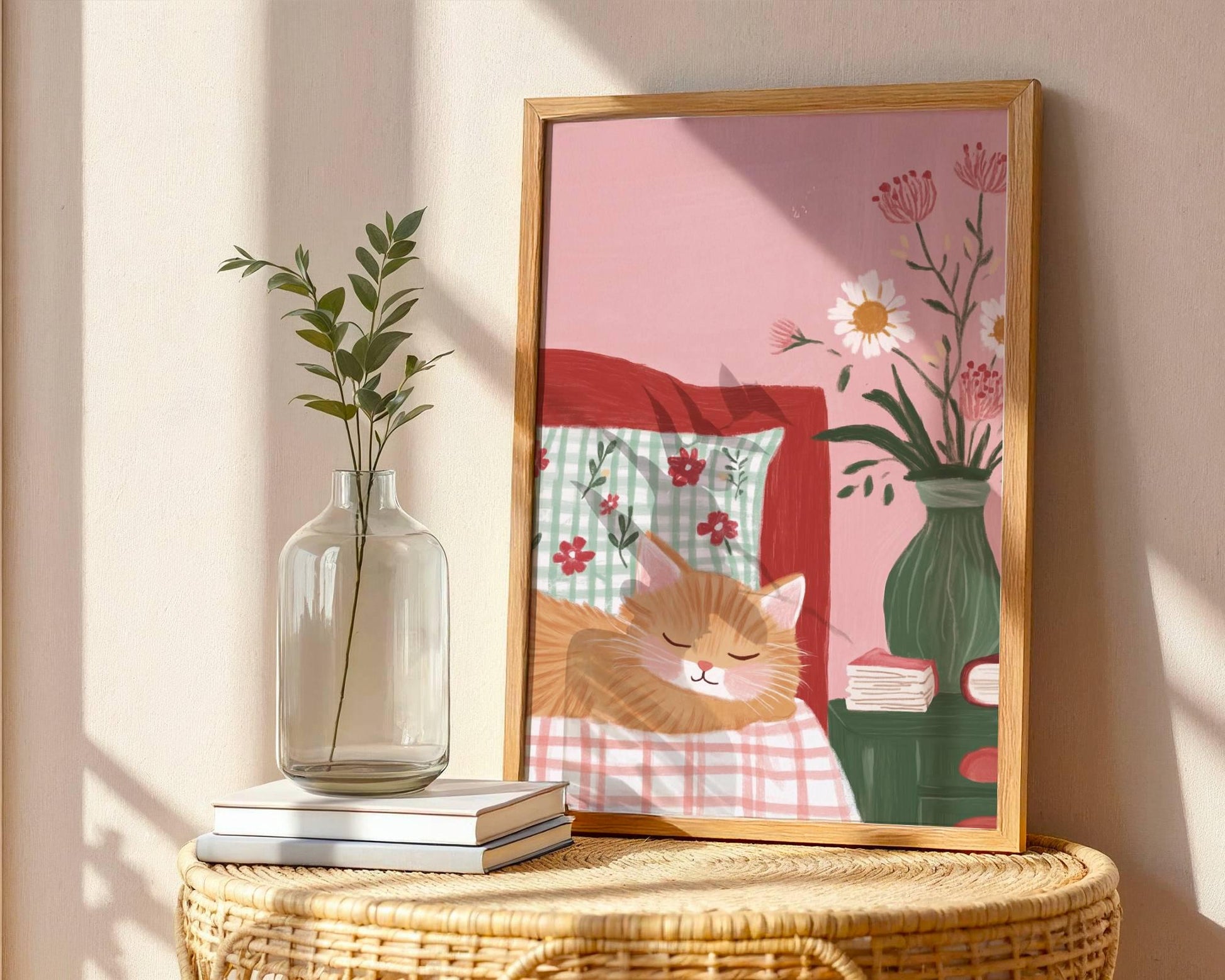 Affiche chat roux chambre fleurie – Art mural cosy cottagecore – Poster déco chambre salon, cadeau amoureux chats - idée cadeau noel