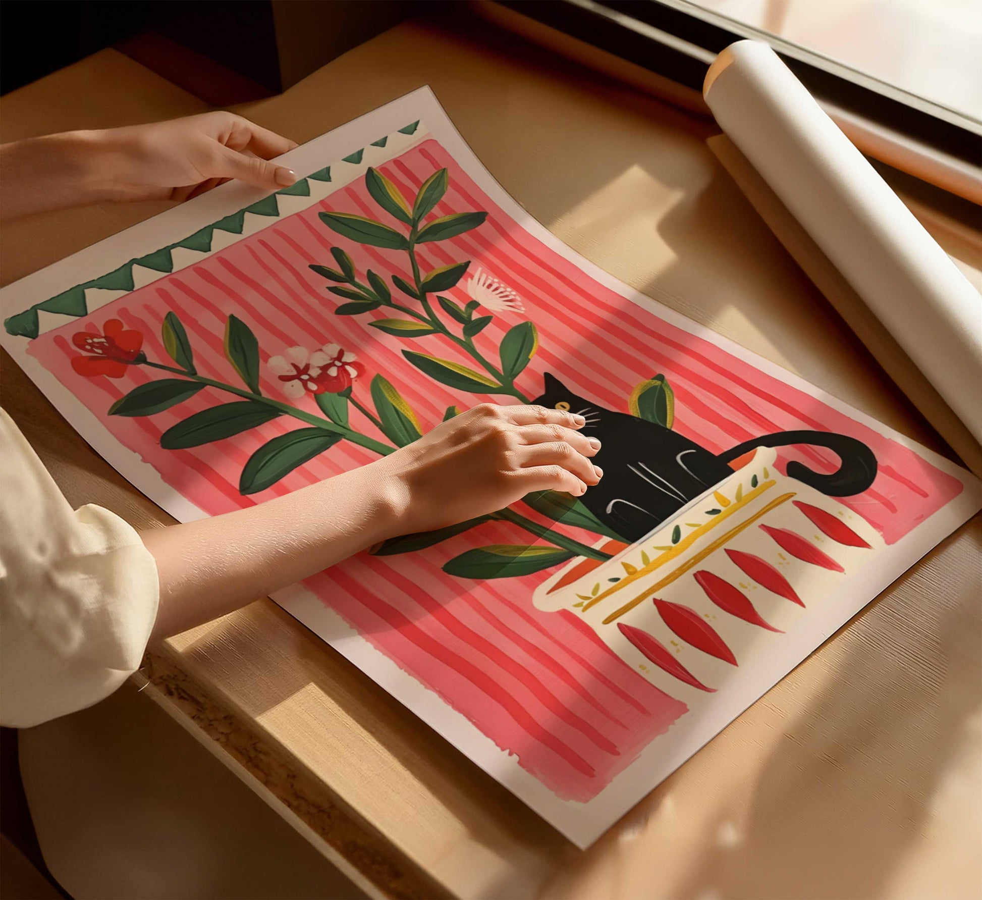 Affiche chat noir – Collection "Le jardin secret des chats"  – Illustration poétique printanière
