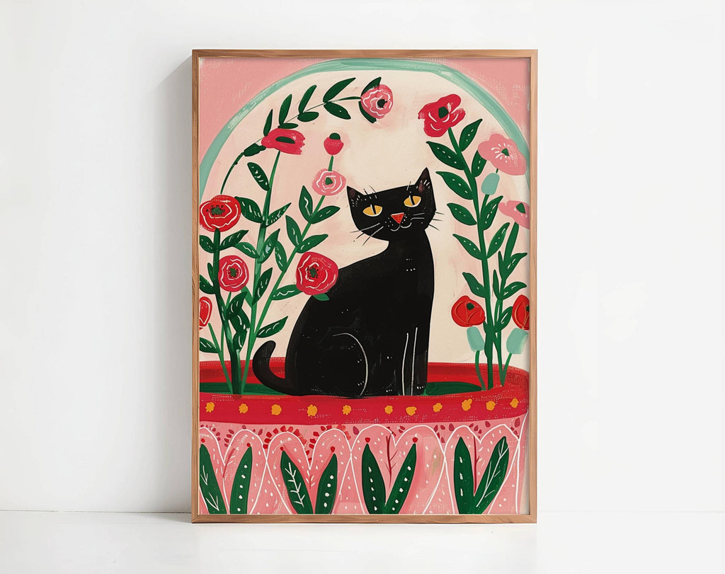 Illustration chat noir et coquelicots – illustration poétique florale – déco murale chambre ou salon - idée cadeau amoureux des chats