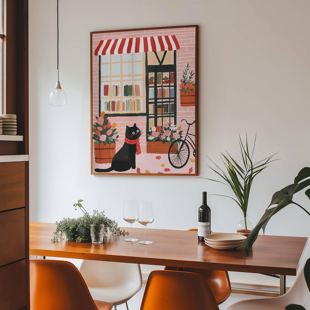 Illustration chat noir – Affiche chat noir devant une librairie à Brooklyn – art mural vintage poétique – déco murale chambre ou salon