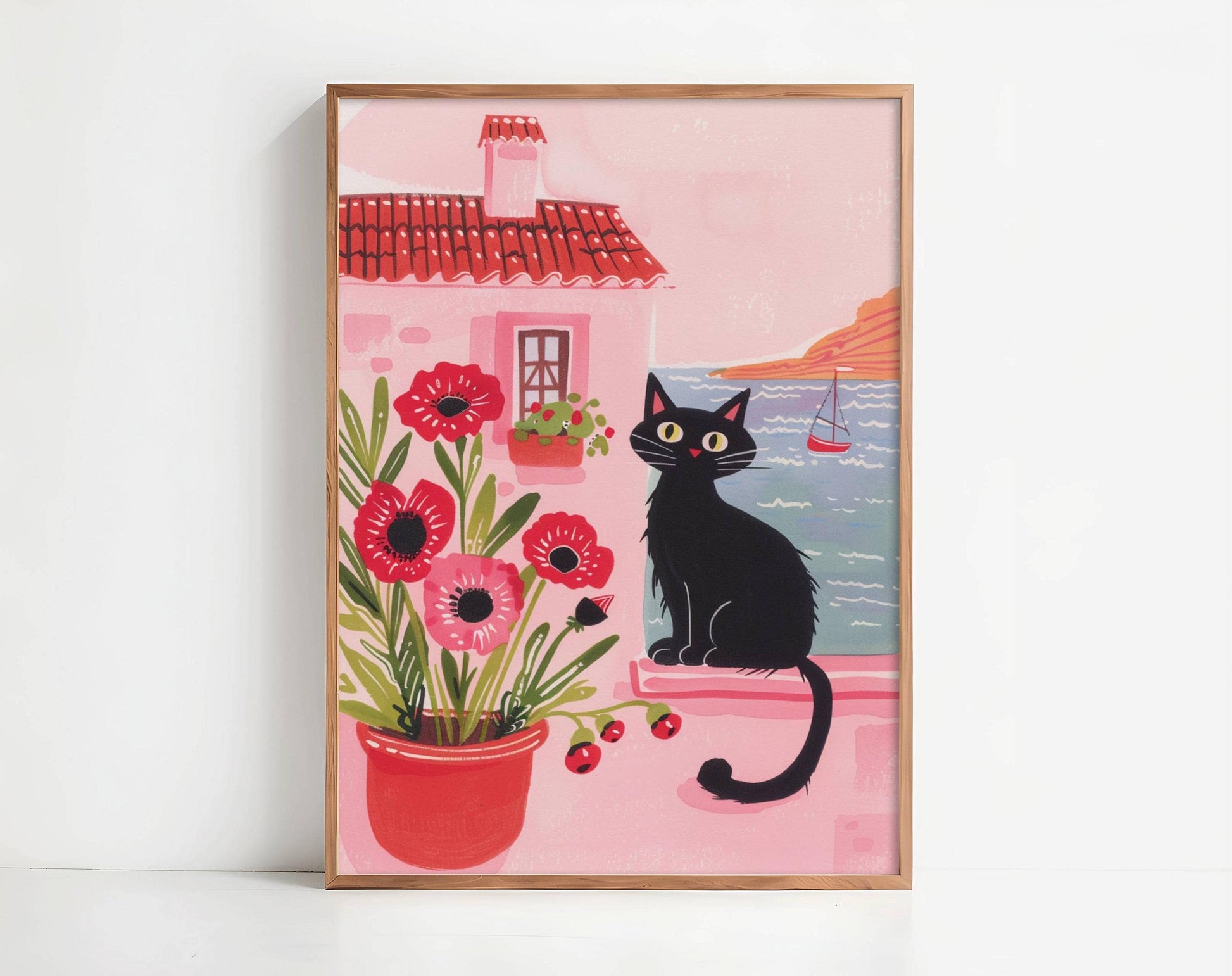 Affiche chat noir mystérieux – illustration chat parmi les coquelicots – art mural vintage poétique – déco murale chambre ou salon