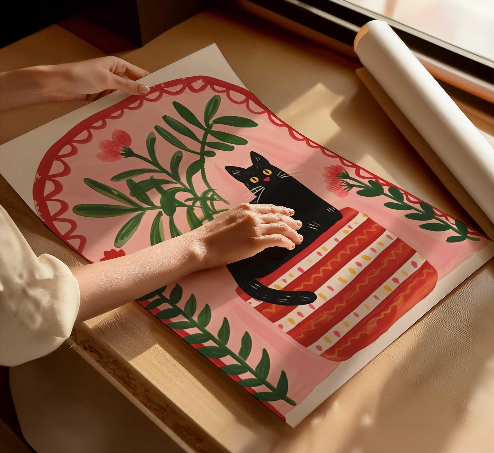 Affiche chat noir – Collection "Le jardin secret des chats"  – Illustration poétique printanière