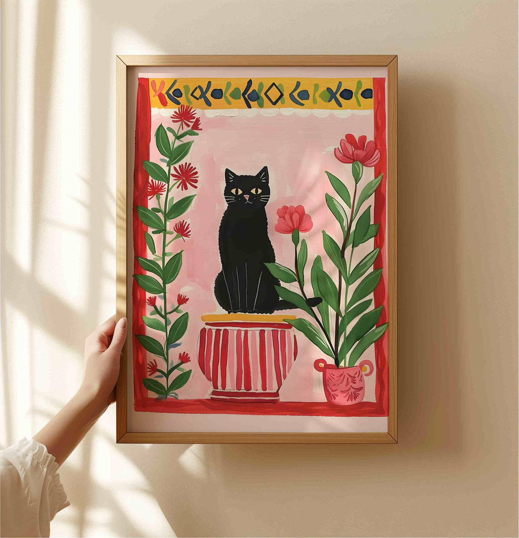 Illustration d'un chat noir dans le jardin – Impression artistique poétique représentant un chat et des fleurs – Décoration murale chaleureuse – Papier de qualité supérieure